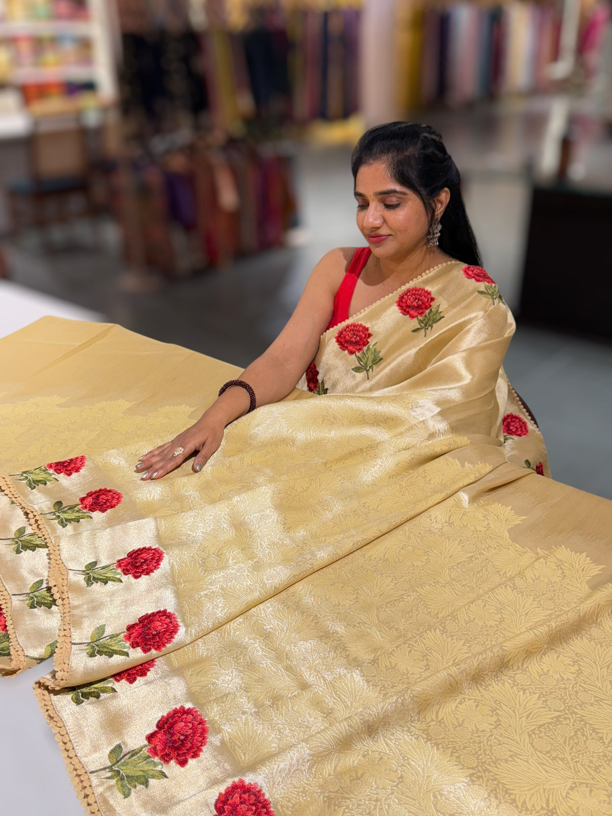 Pastel yellow Banarasi Brocade tissue saree with tonchui style weaving & embroidered dahlia flower border