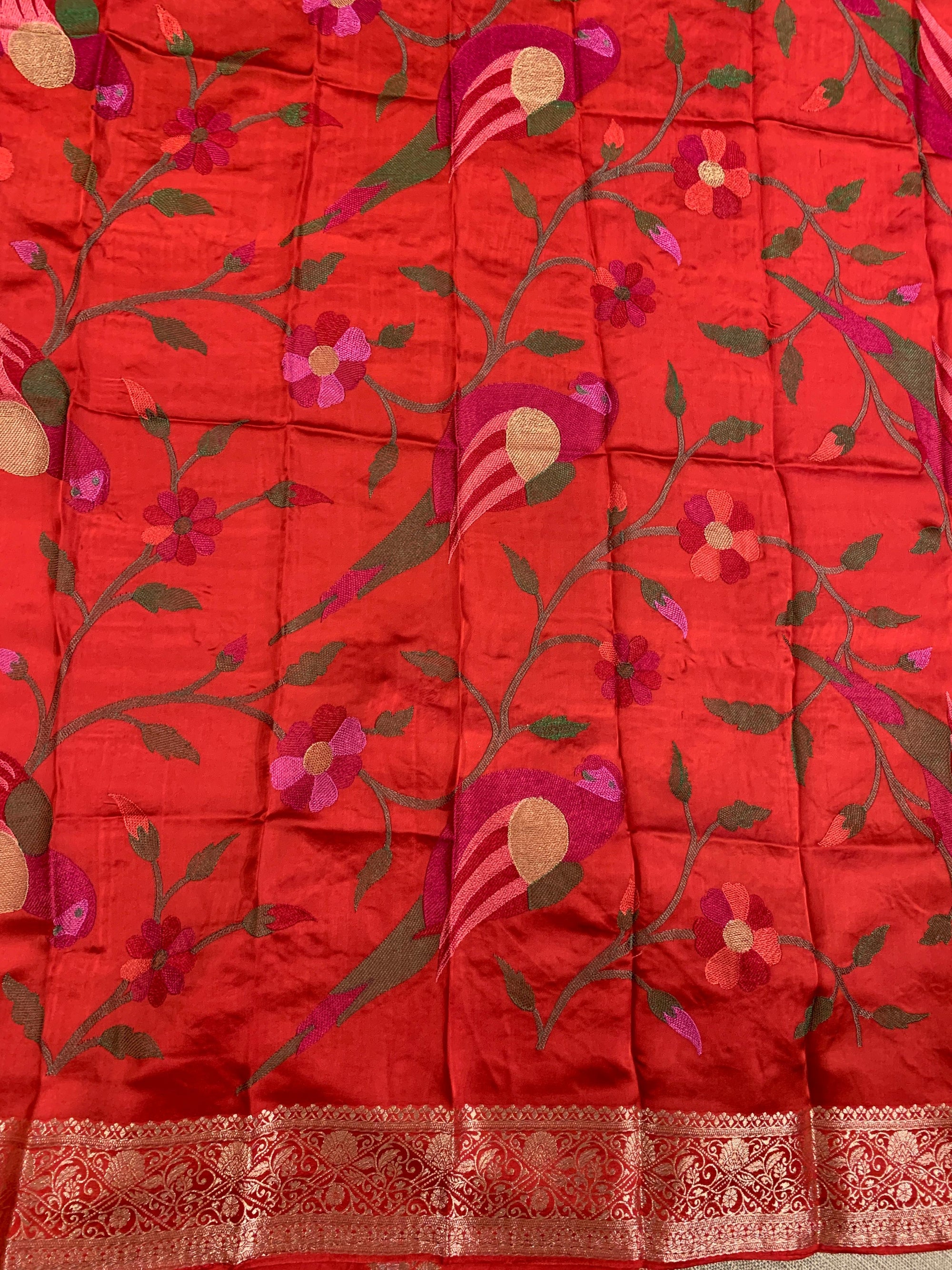 Red Mashru Silk Saree with Paithani inspired embroidered blouse