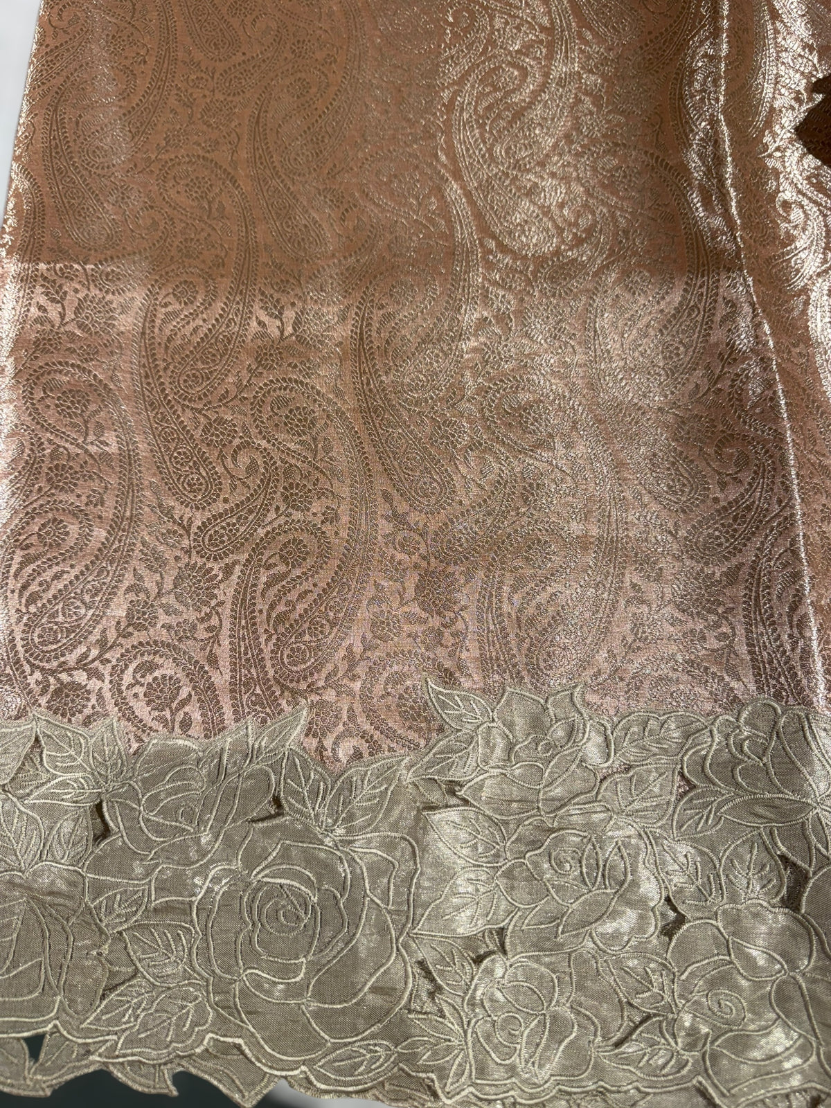 Peach Tissue Brocade allover weaving Saree with Tissue Cutwork Rose Border