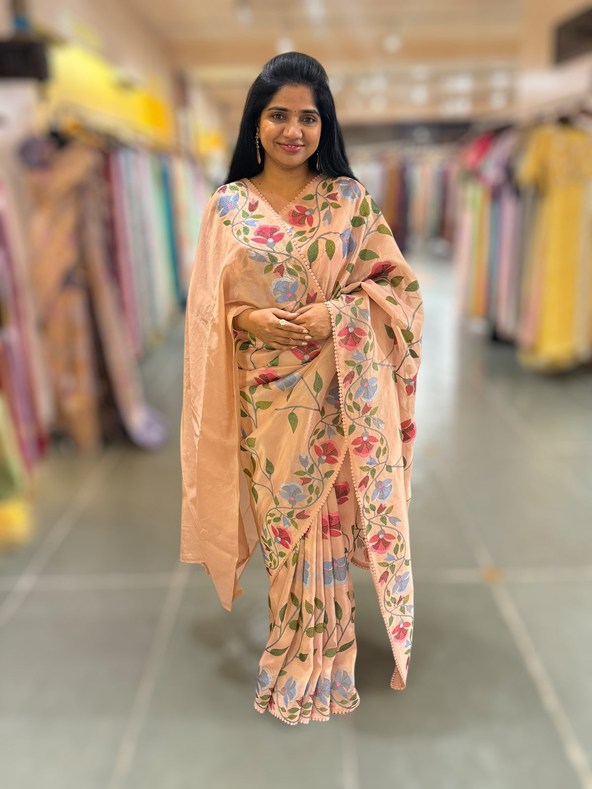 Nude Pink Tissue georgette saree with embroidey