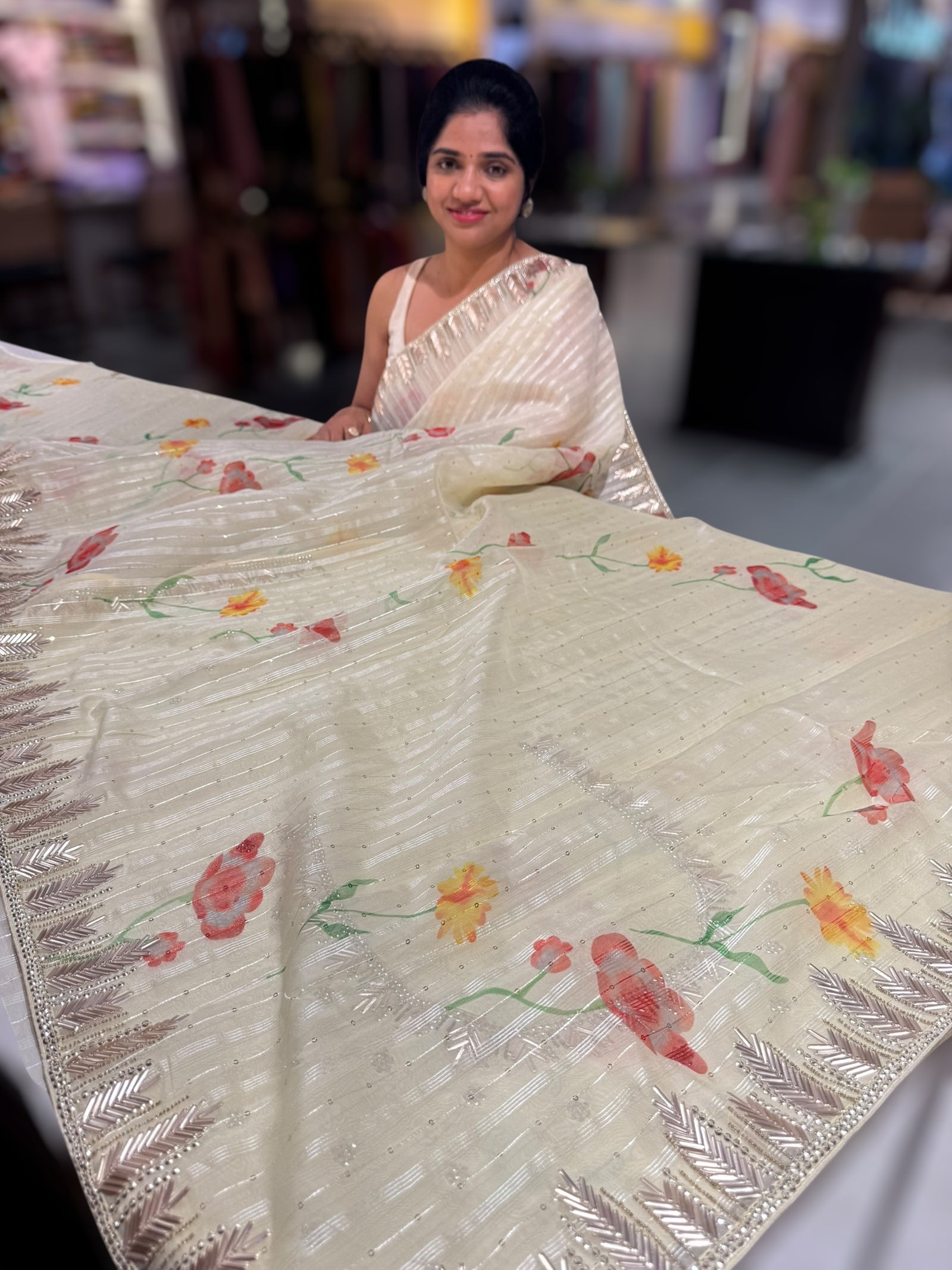 Paste yellow handpainted Organza with handwork