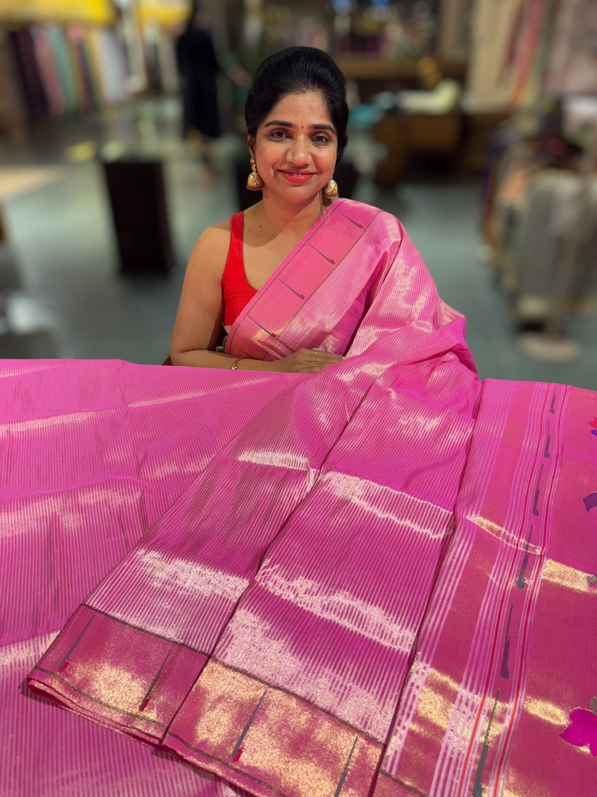 BubbleGum Pink Pure handloom paithani tissue stripes saree