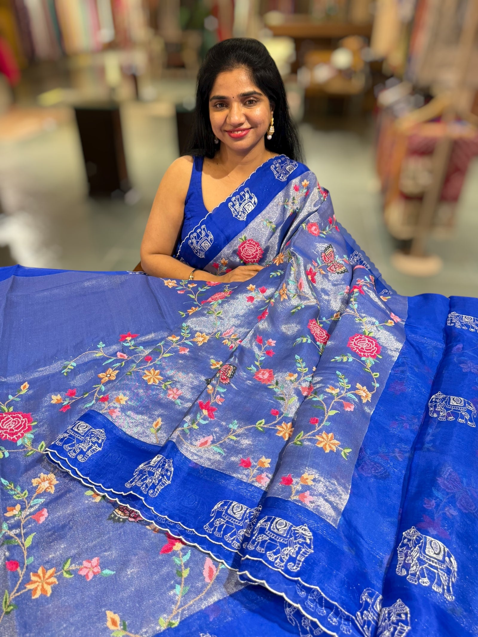 Electric Blue Premium Handloom Designer Tissue saree with exquisite embroidery