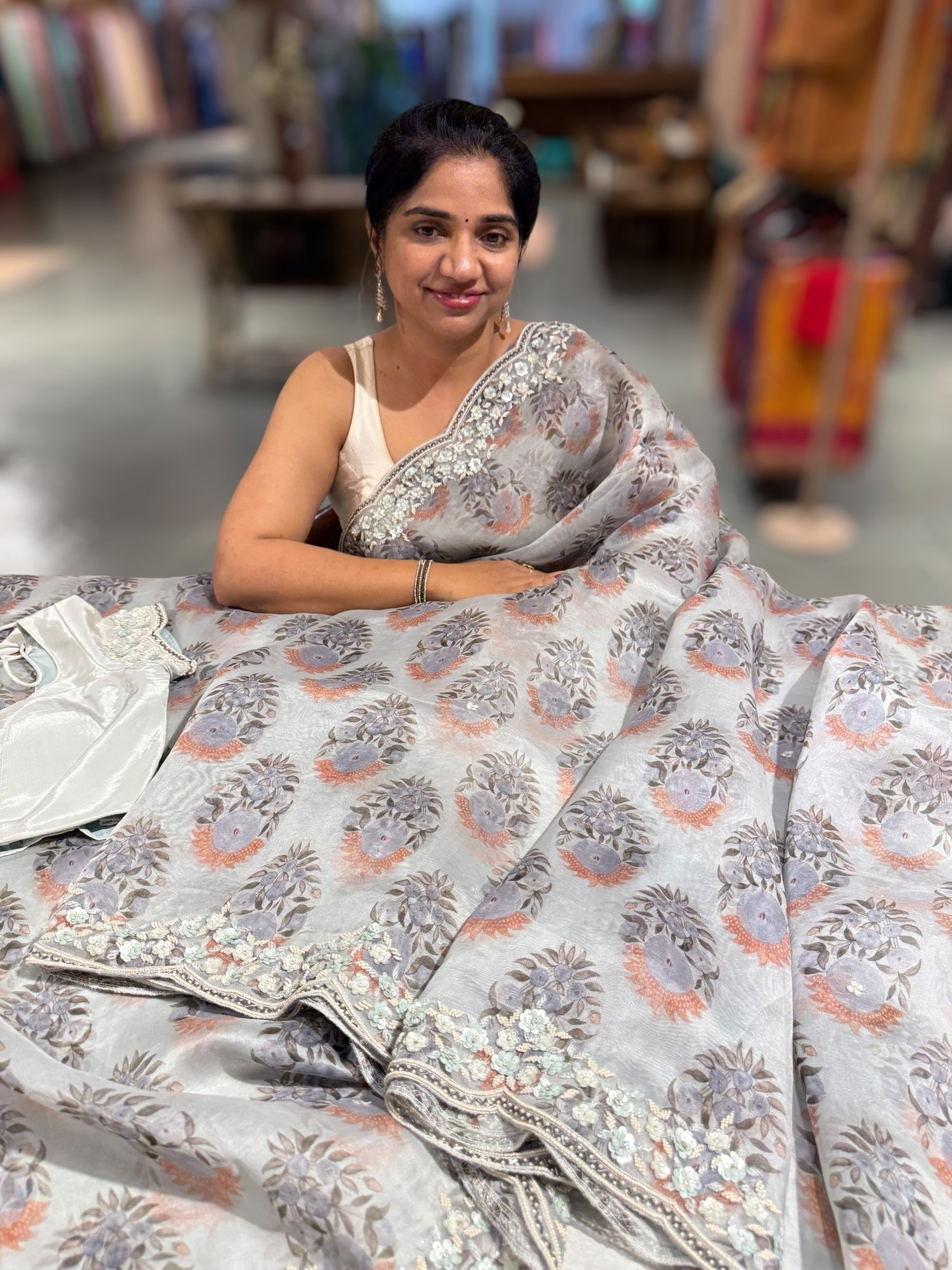 Grey Organza Sabhyasachi printed saree with handwork border paired  with ready to wear blouse