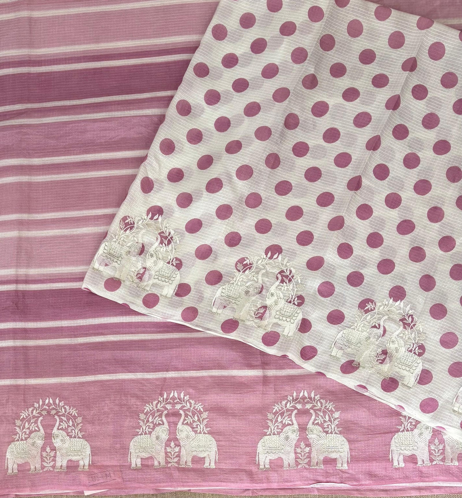 Dusty Pink Designer Silk kota saree with elephant embroidered border