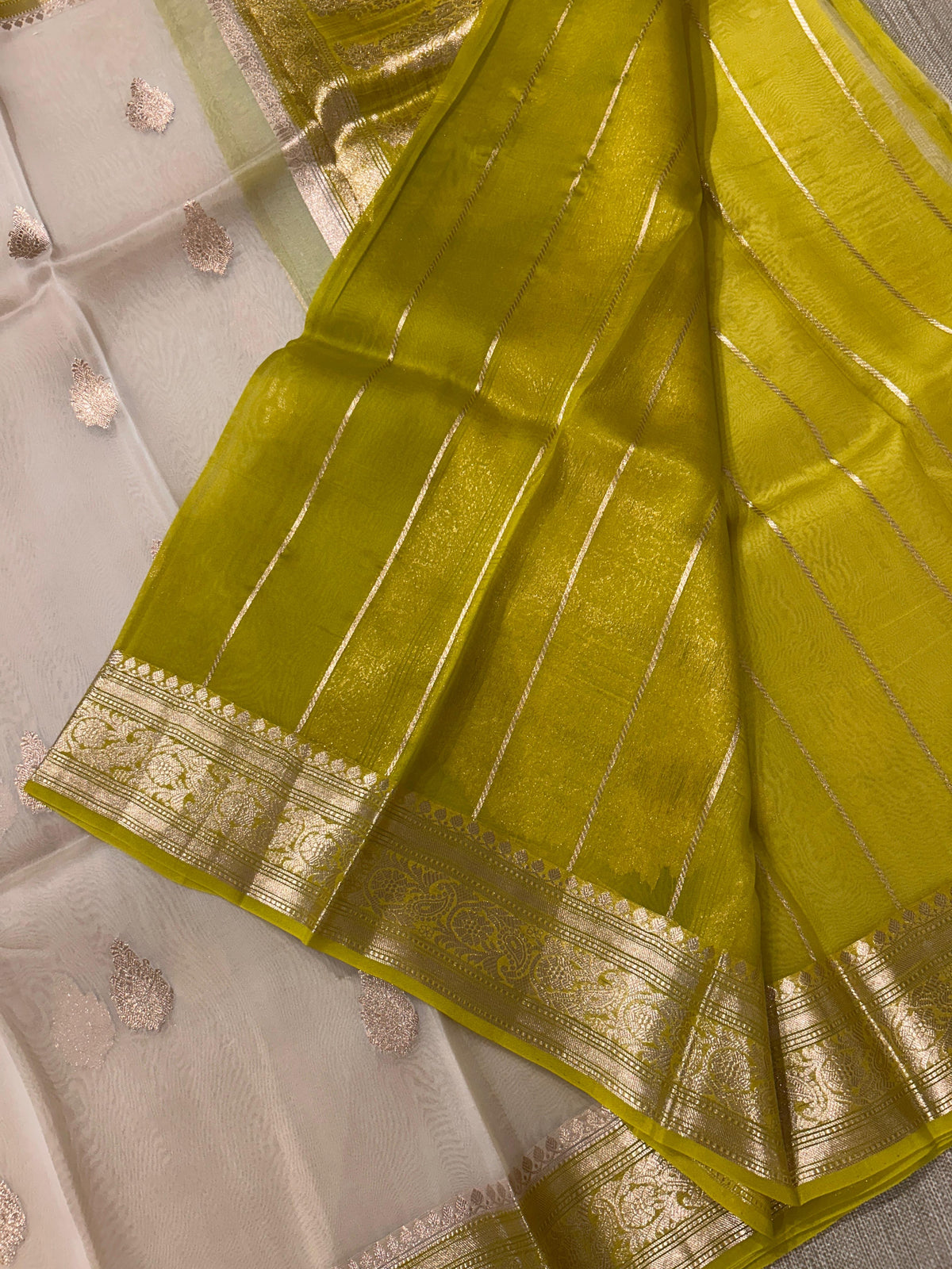 Vanilla and Moong Dal Green Combo Pure Handloom premium Kora Banarasi Saree