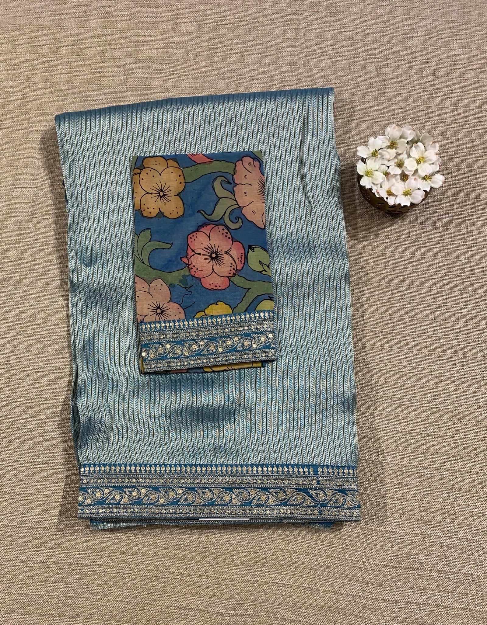 Dusty Blue Banarasi brocade with sabyasachi borders and pen kalamkari Blouses