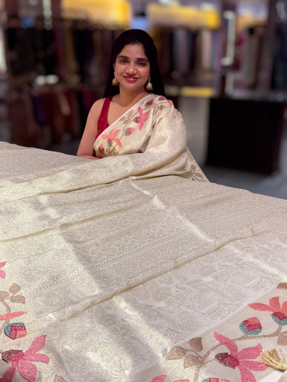 Ivory Banarasi Brocade tissue saree with tonchui style weaving &amp; pythani inspired embroidered border