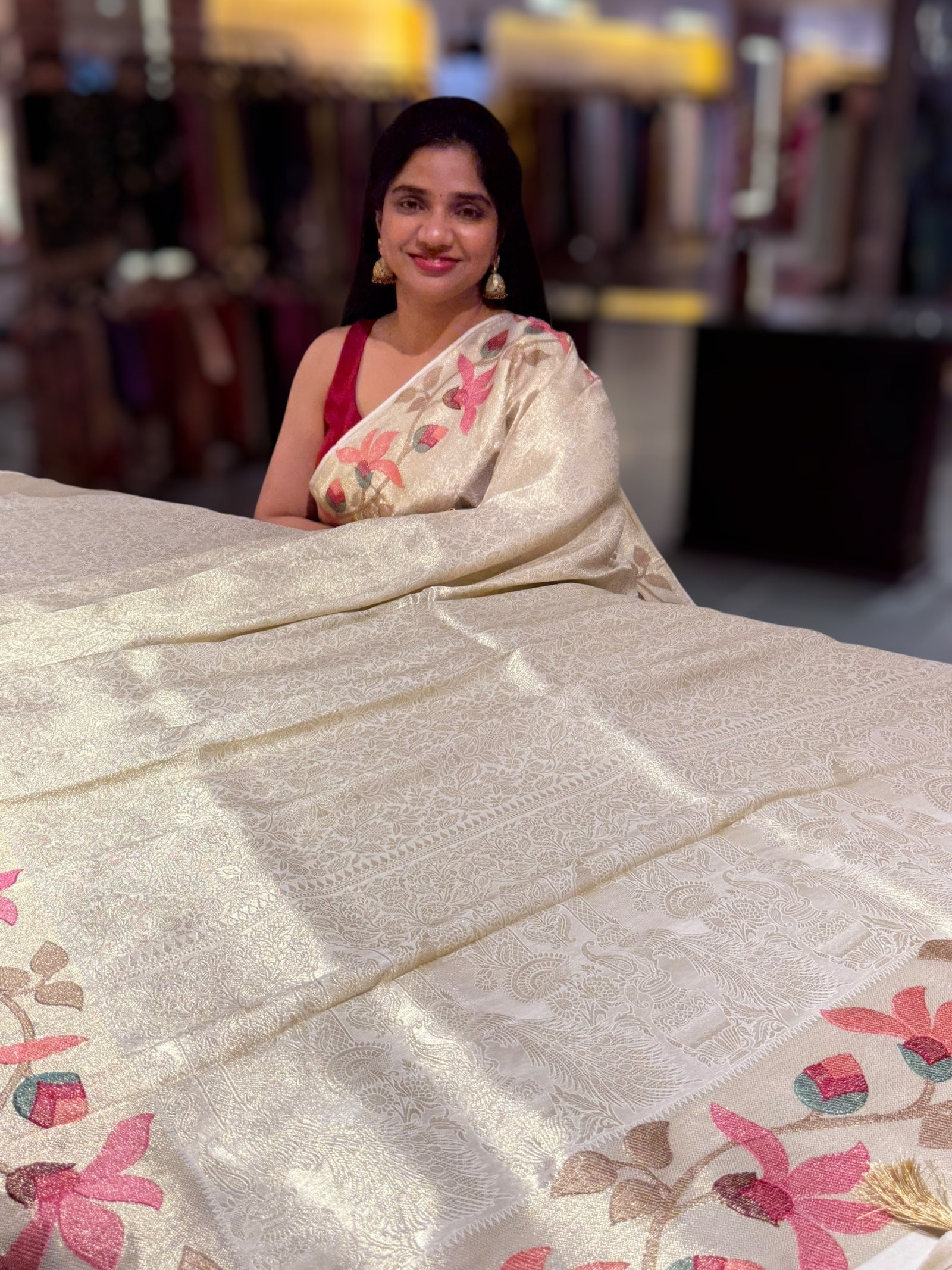 Ivory Banarasi Brocade tissue saree with tonchui style weaving & pythani inspired embroidered border