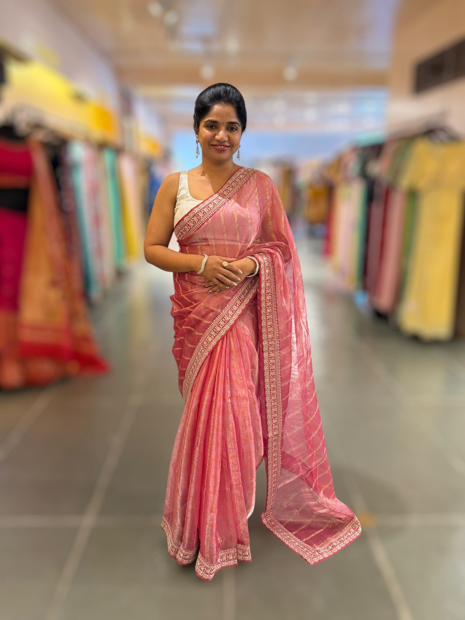 Coral Pink Pure Handloom Tissue checks Saree with sabyasachi borders