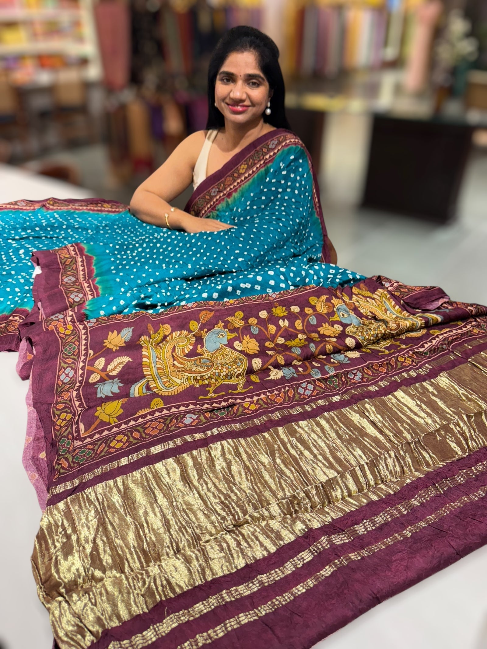 Peacock bandhini kalamkari modal satin saree