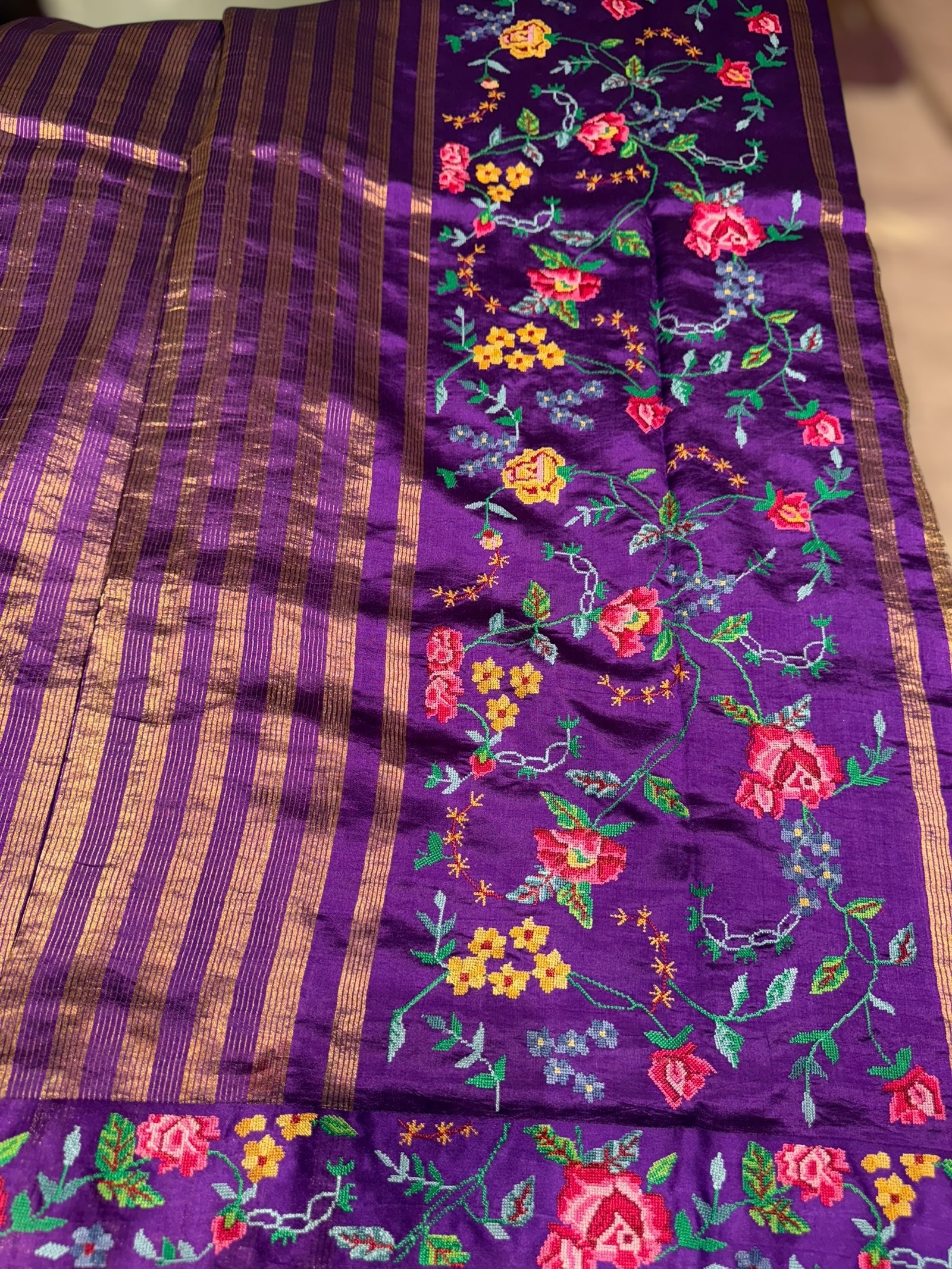 Brinjal Banarasi Tissue stripes Saree with petite point embroidery