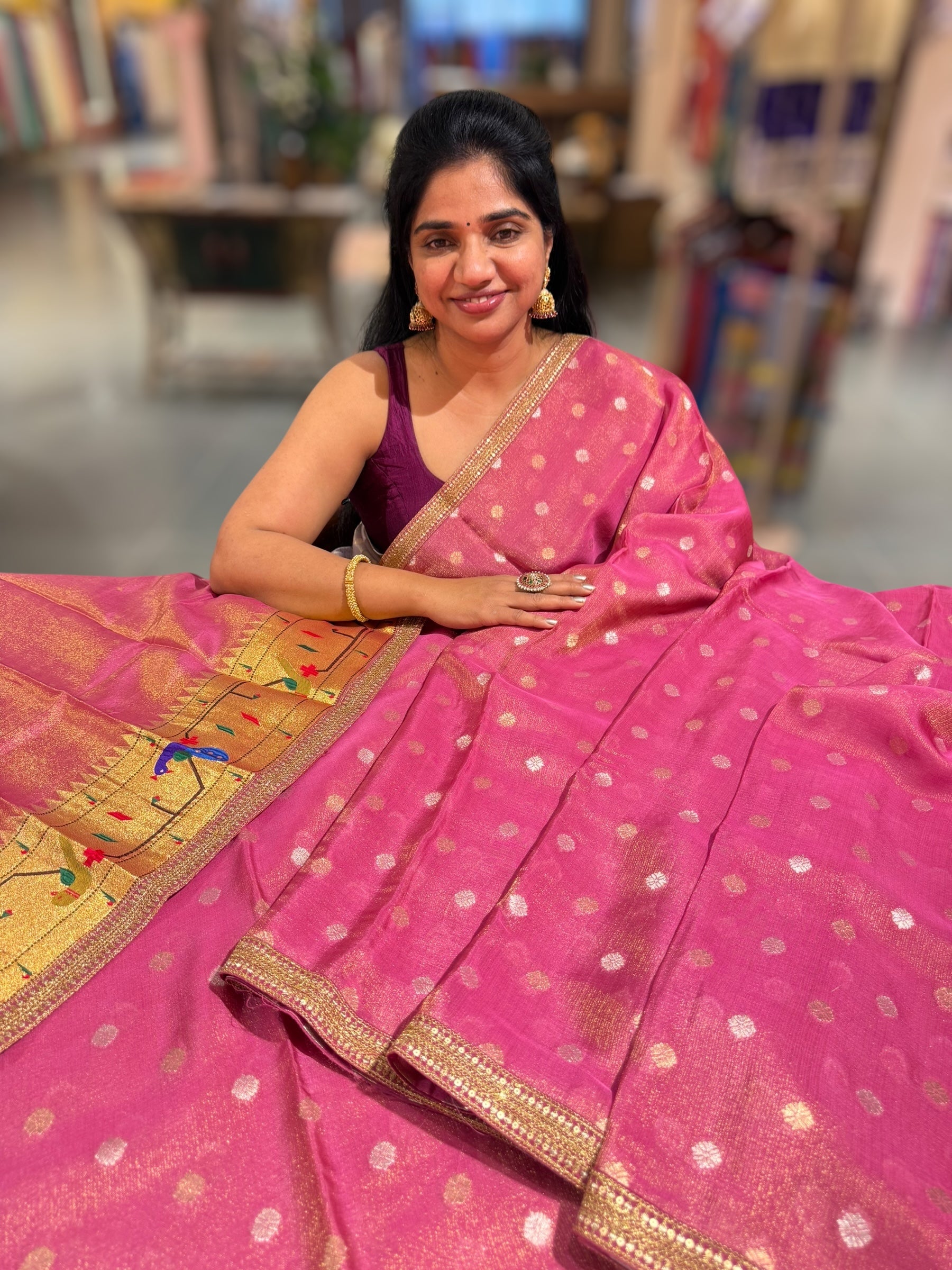 Ruby Pink tissue Kota saree with sabyasachi borders and fancy Pythani tissue blosue