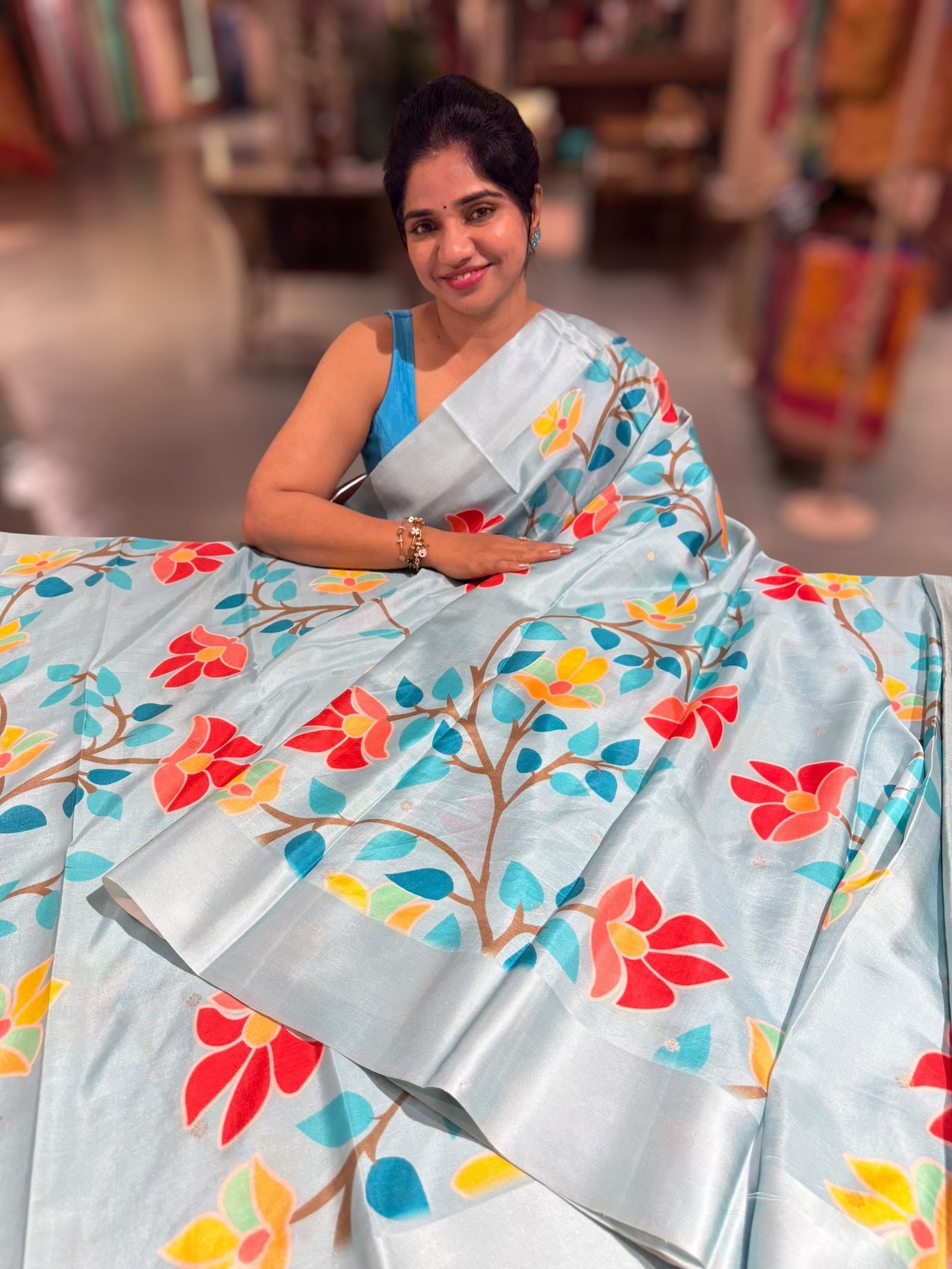 Powder Blue Kanchi Soft Silk Saree with ajamdani inspired print