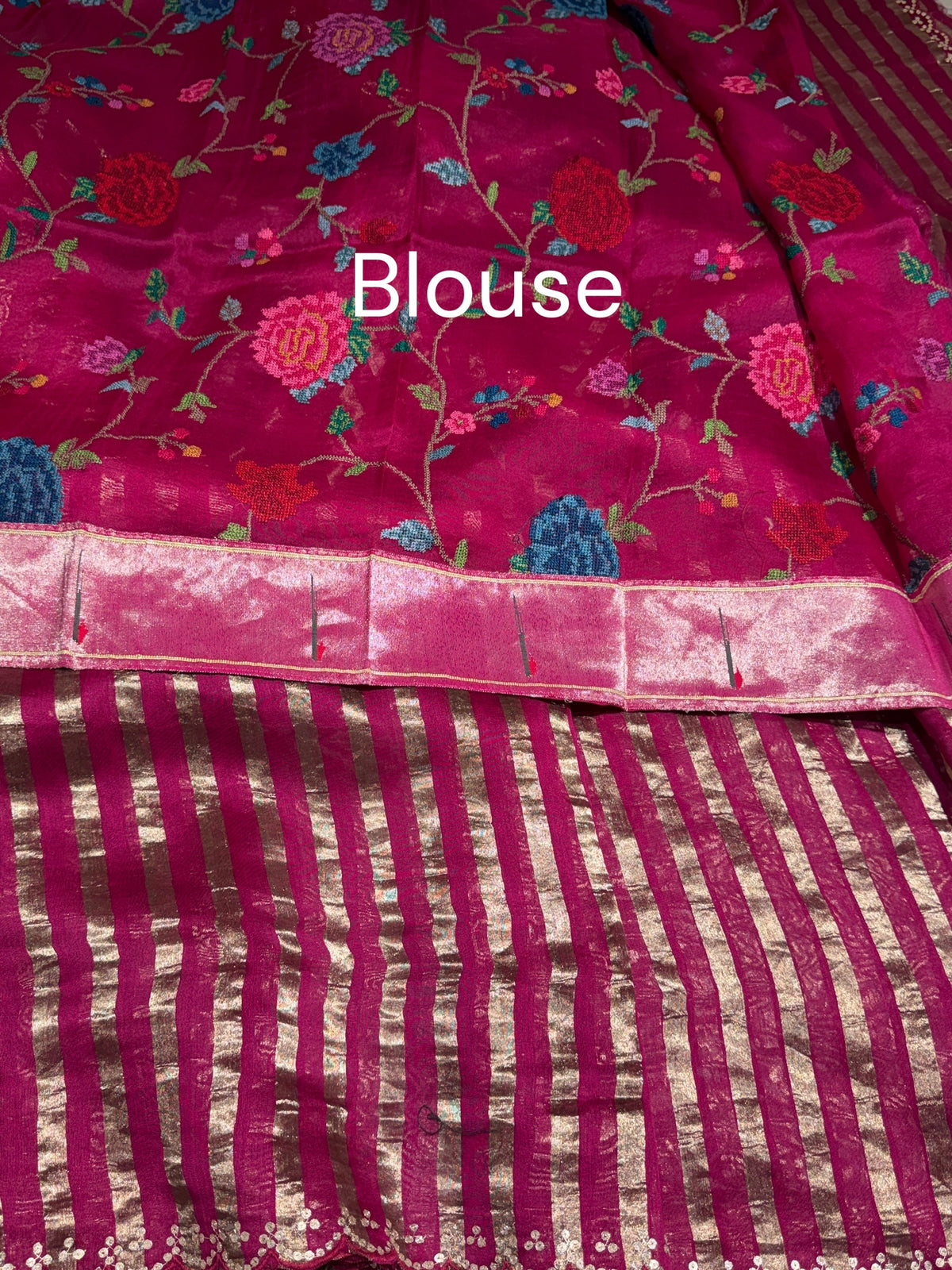 Beetroot Pink Mul tissue stripes saree with fusion blouse : D62138