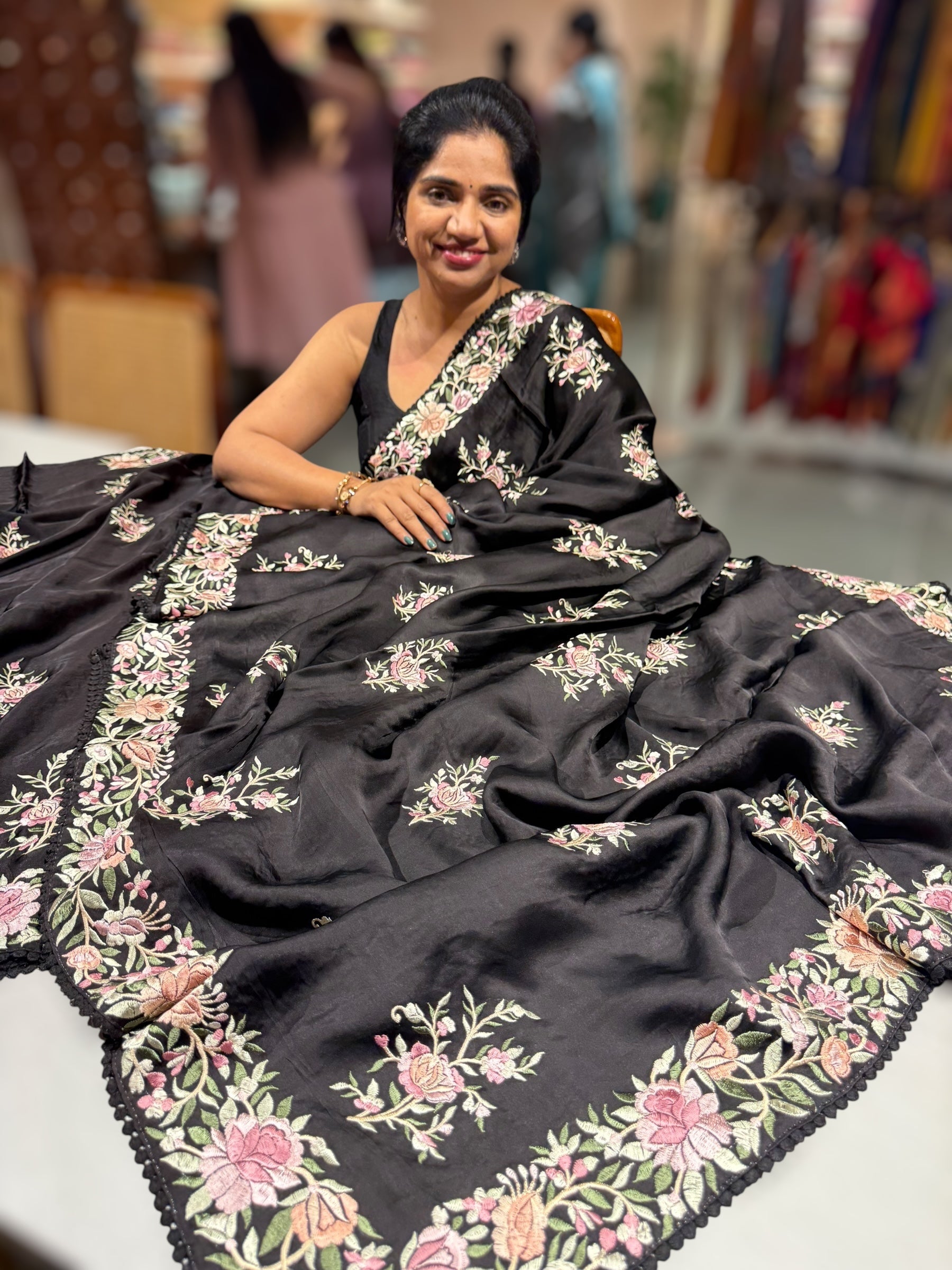 Black Satin Saree with Parsi Gara embroidery