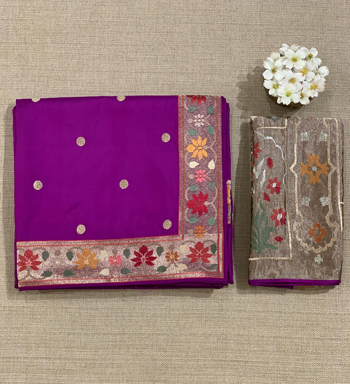 Majenta Kanchi soft silk saree with pythani and jamdani inspired embroidery