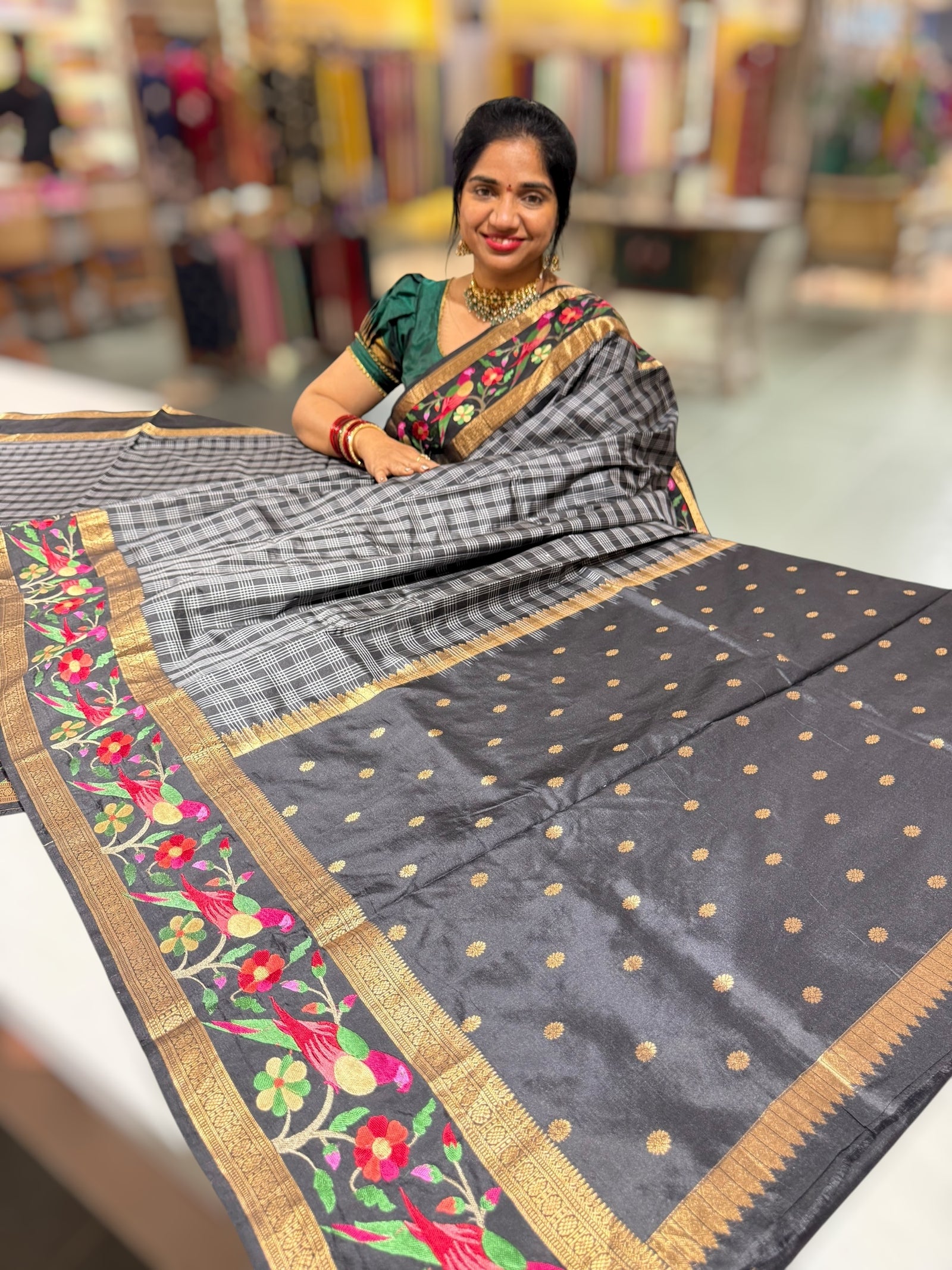 Black Kanchi Vintage Checks soft silk Saree with paithani inspired embroidered border