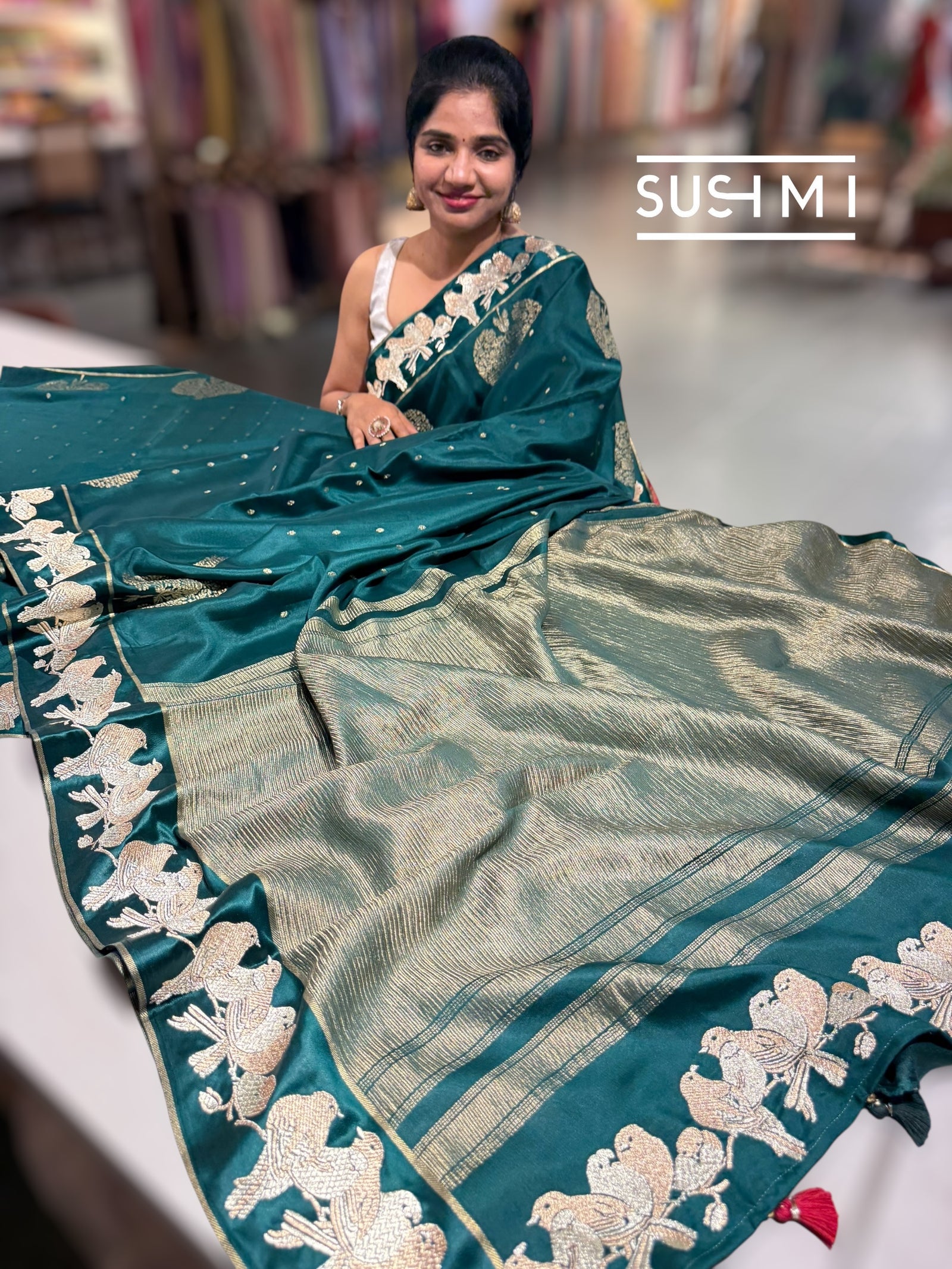 Bottle Green Mysore silk saree with woven motif and embroidered border : D62130