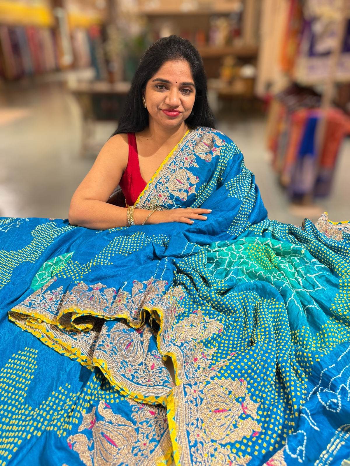 Copper Sulphate Blue Designer Rai Bandhej Saree With Embroidered Border
