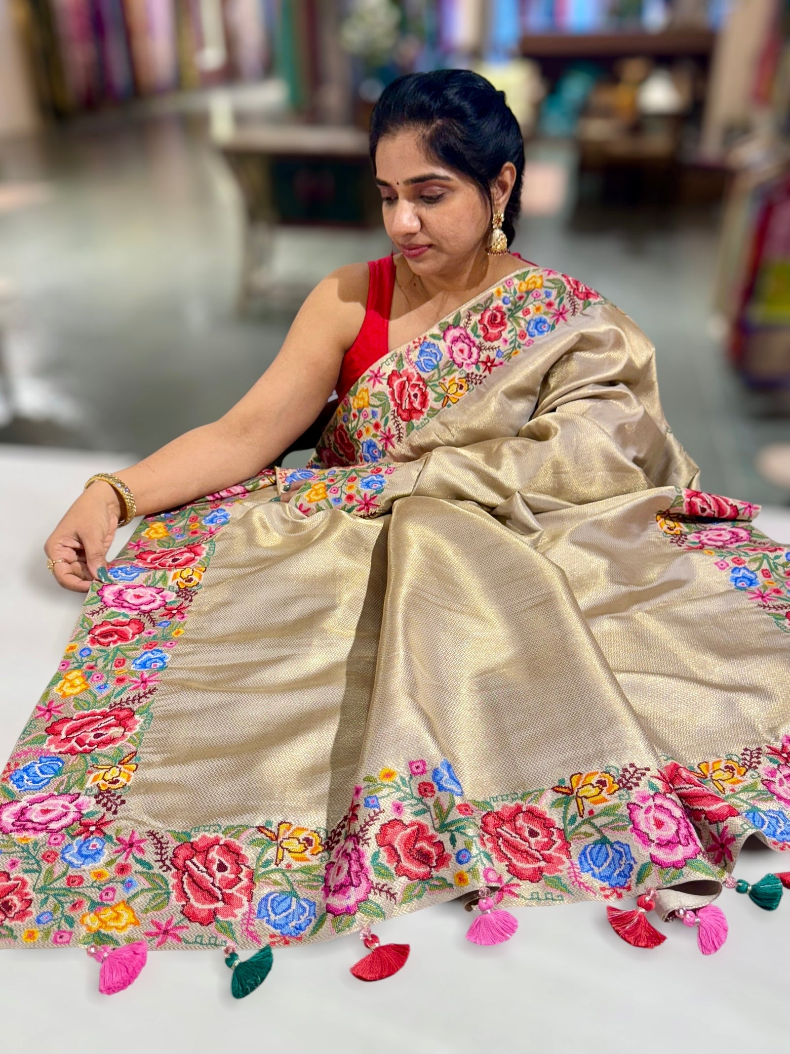 Beigish Taupe Green Kanchi Brocade Tissue Saree with Petite Point Embroidered Border