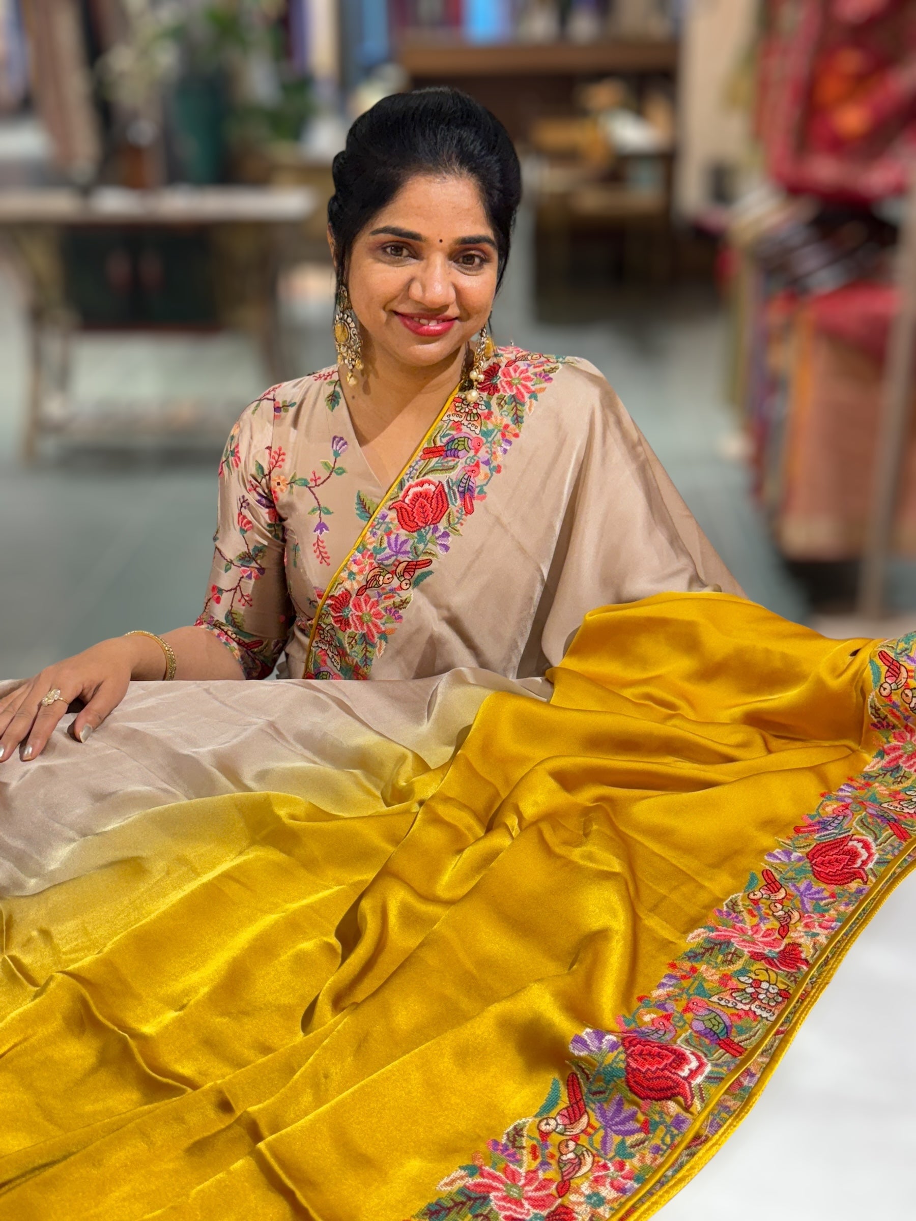 Pure Satin Ombre Dyed Saree with Petite Point Embroidered Border and blouse.