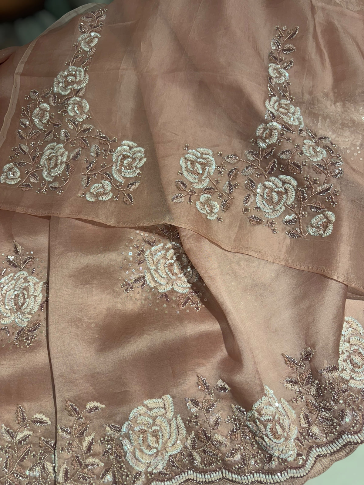 Nude Pink Organza with Rose handwork