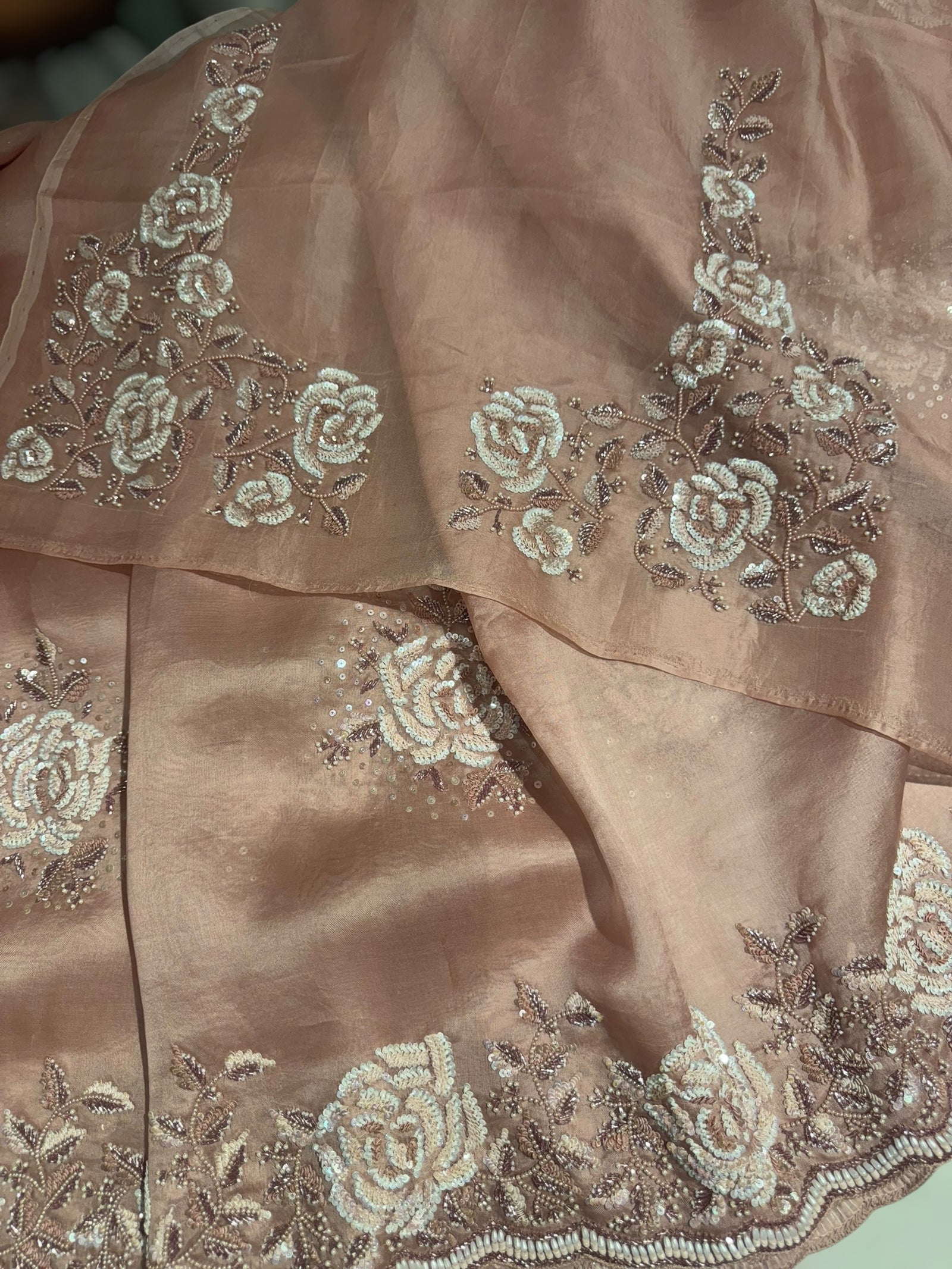 Nude Pink Organza with Rose handwork