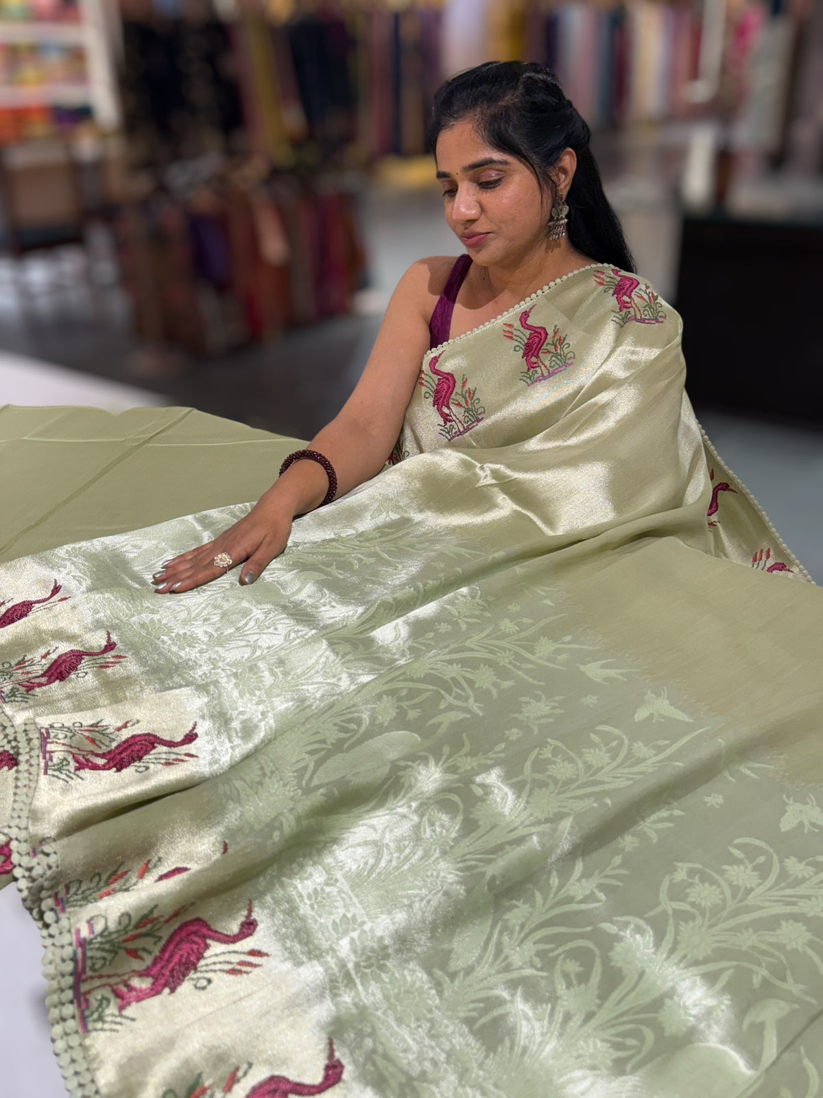 Mint Green Banarasi Brocade tissue saree with tonchui style weaving & petite point embroidered swan border