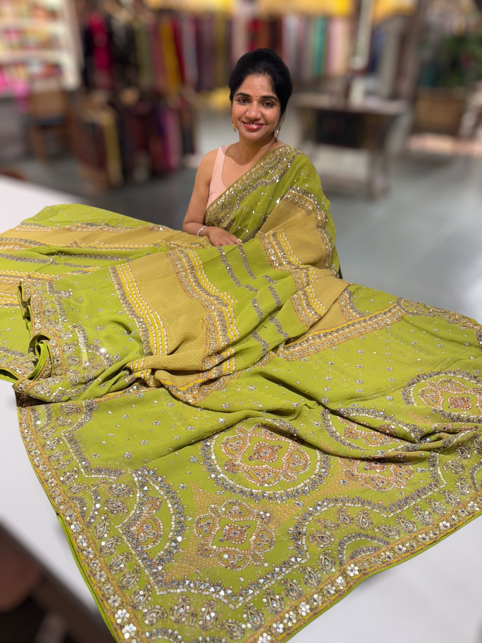 Light Green Kareena Inspired Gorgette Saree with allover mirrors