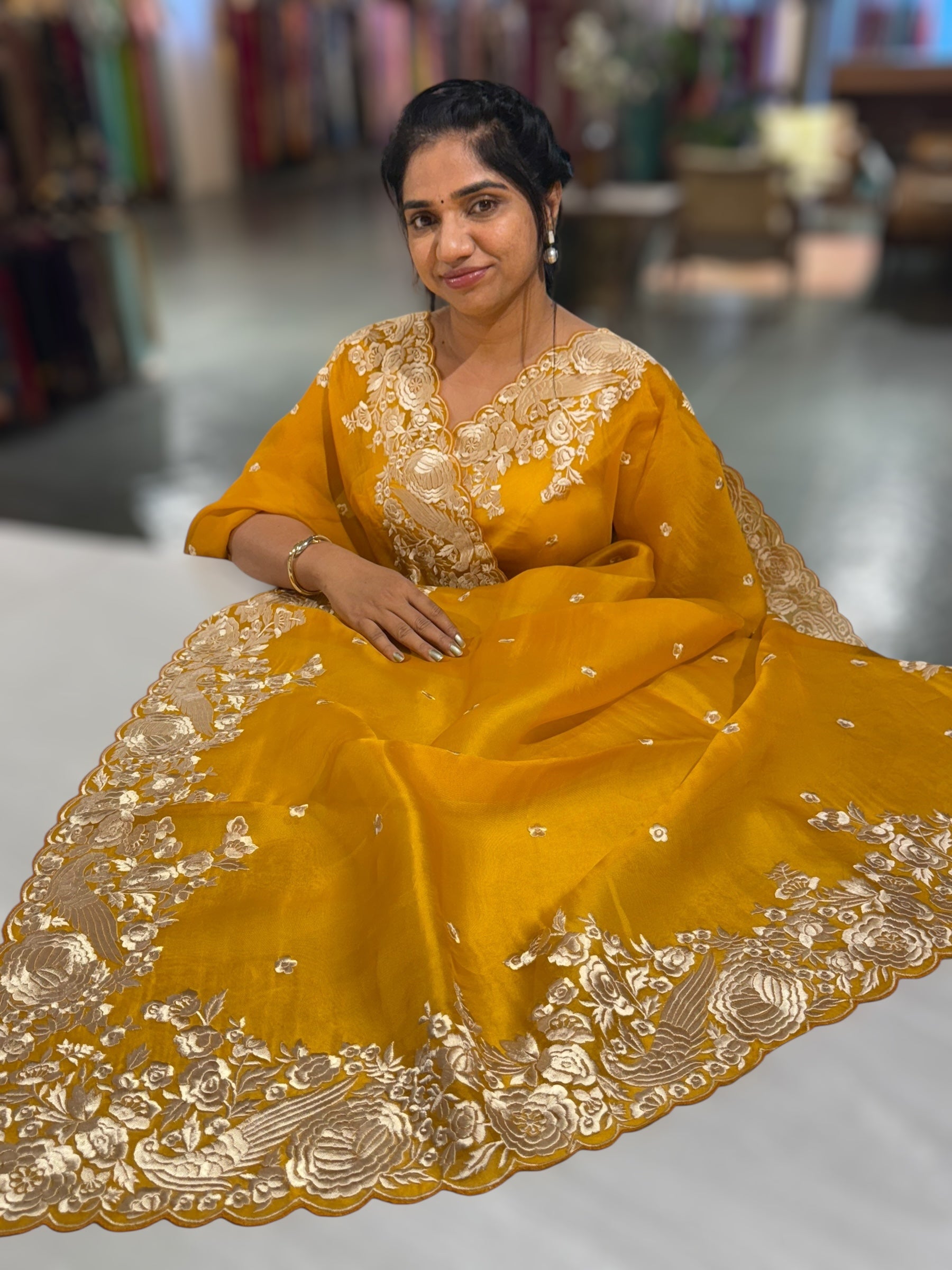 Mustard Organza Saree with Parsi Gara Embroidered Border