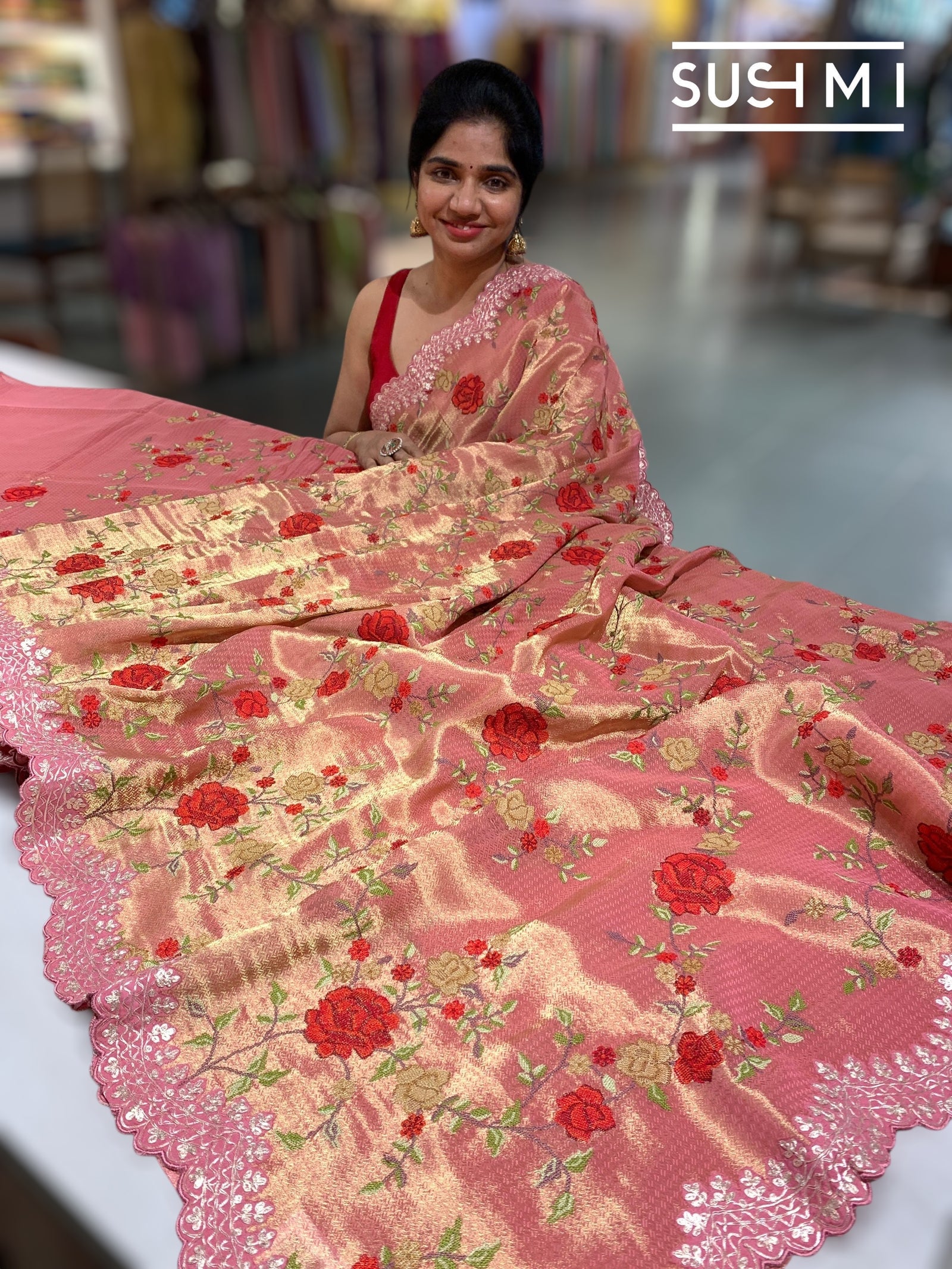 Peach Pink Designer Banarasi Brocade Tissue Saree S62113