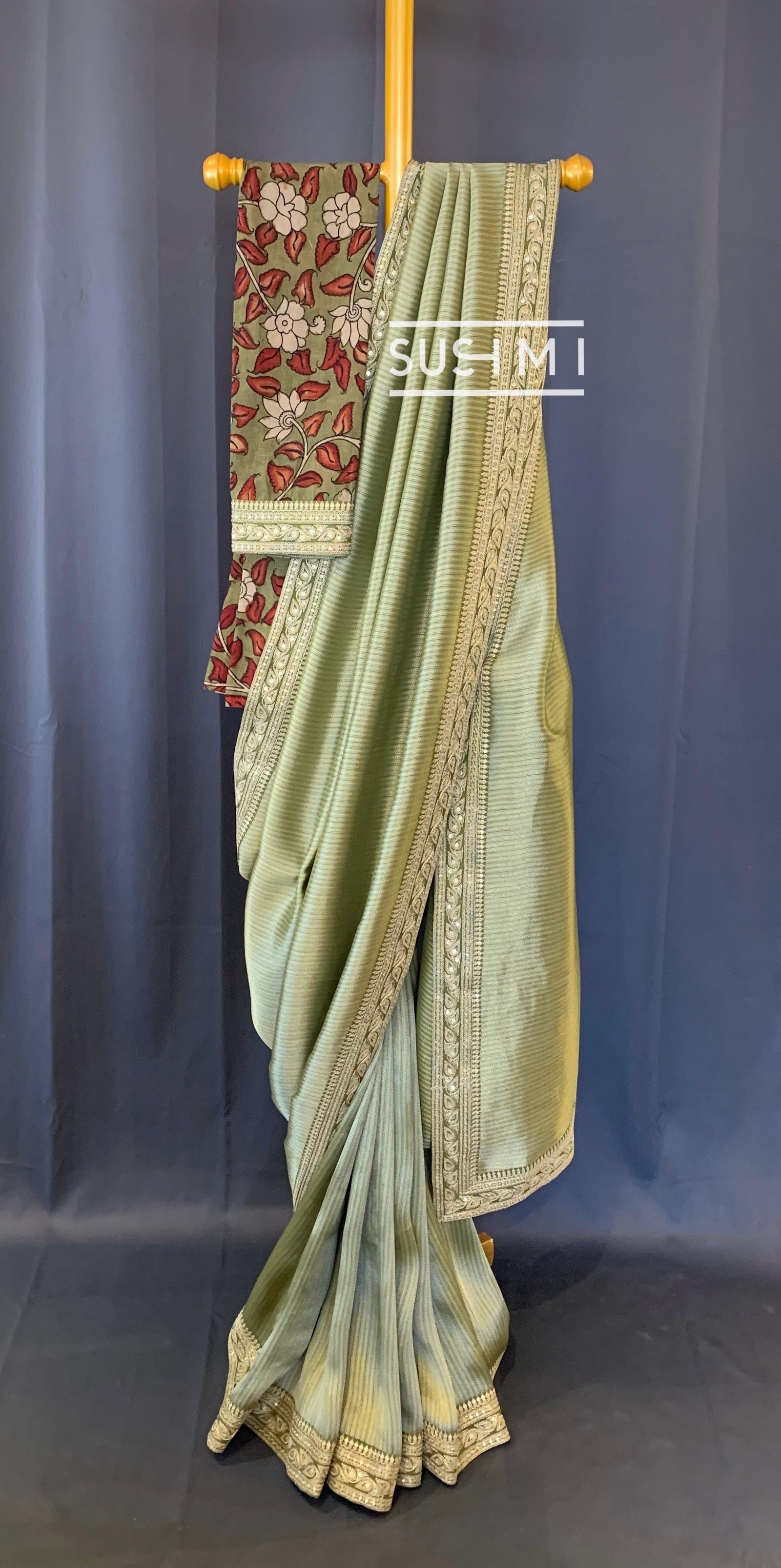 Light Olive Banarasi tonchoi with pen kalamkari Blouse : D62F019