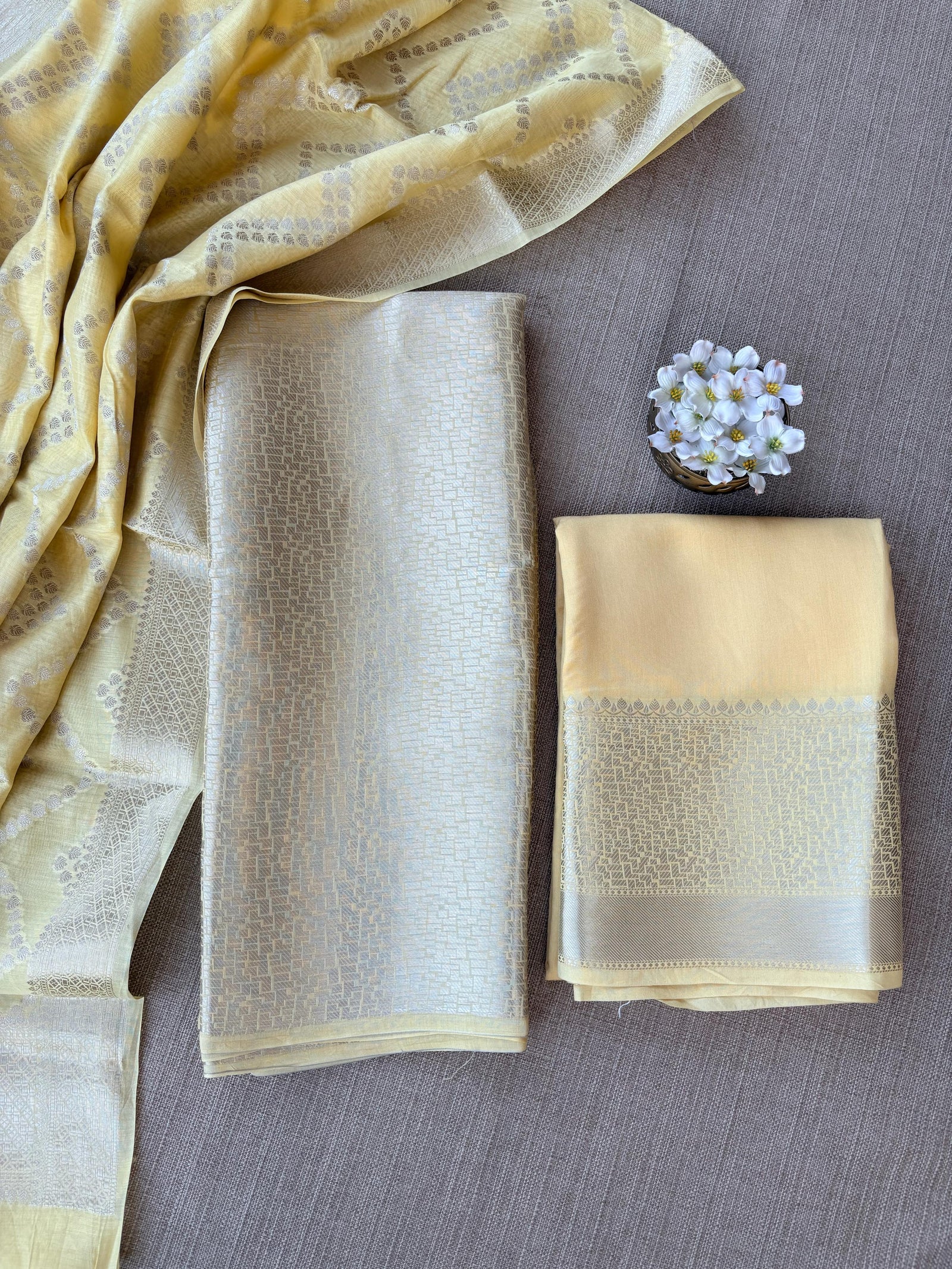 Besan Yellow Banarasi Mul Silk Brocade 3-pc Sharara Suit set : SS62J17