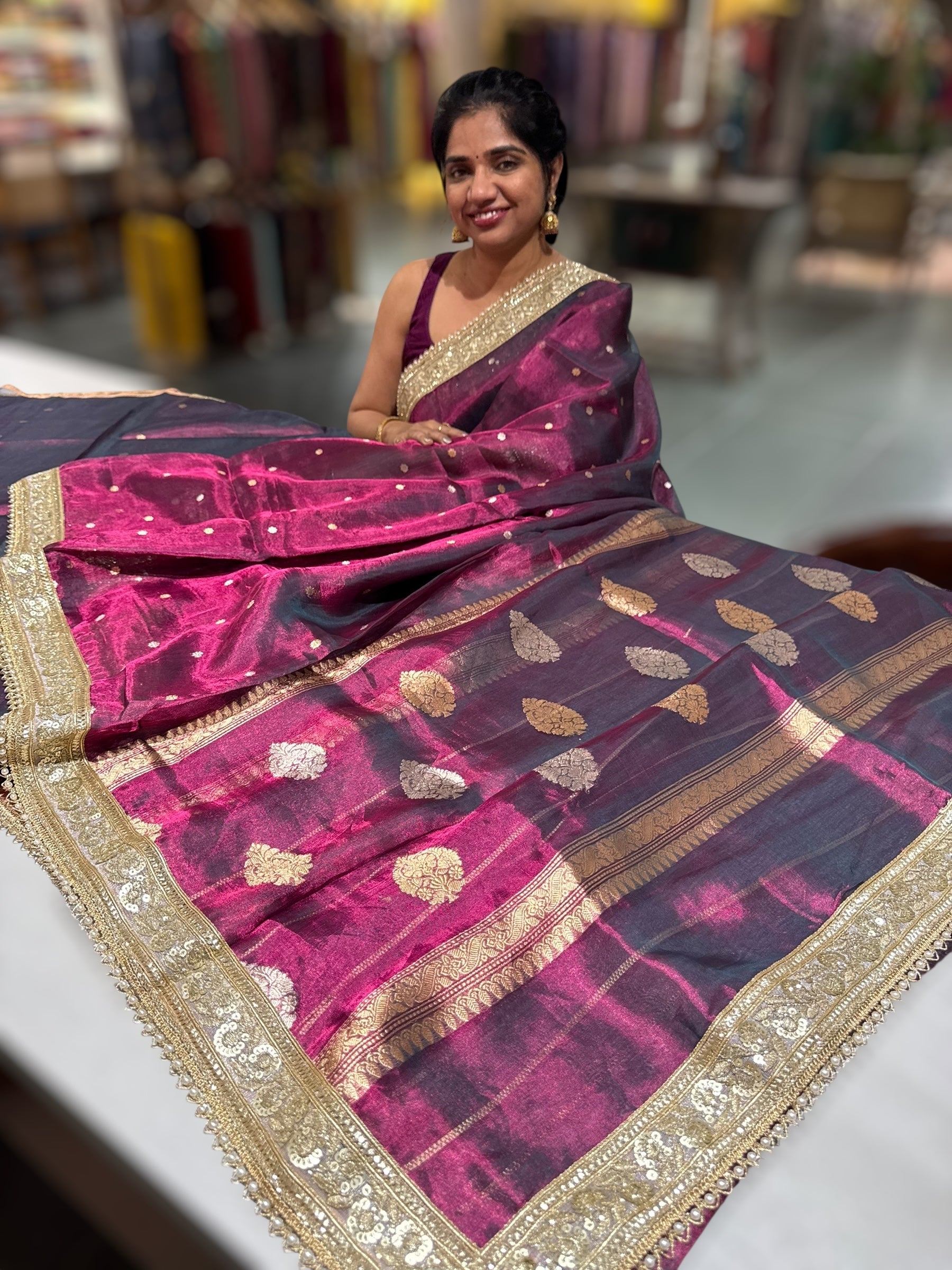 Wine Pure handloom Banarasi Tissue saree