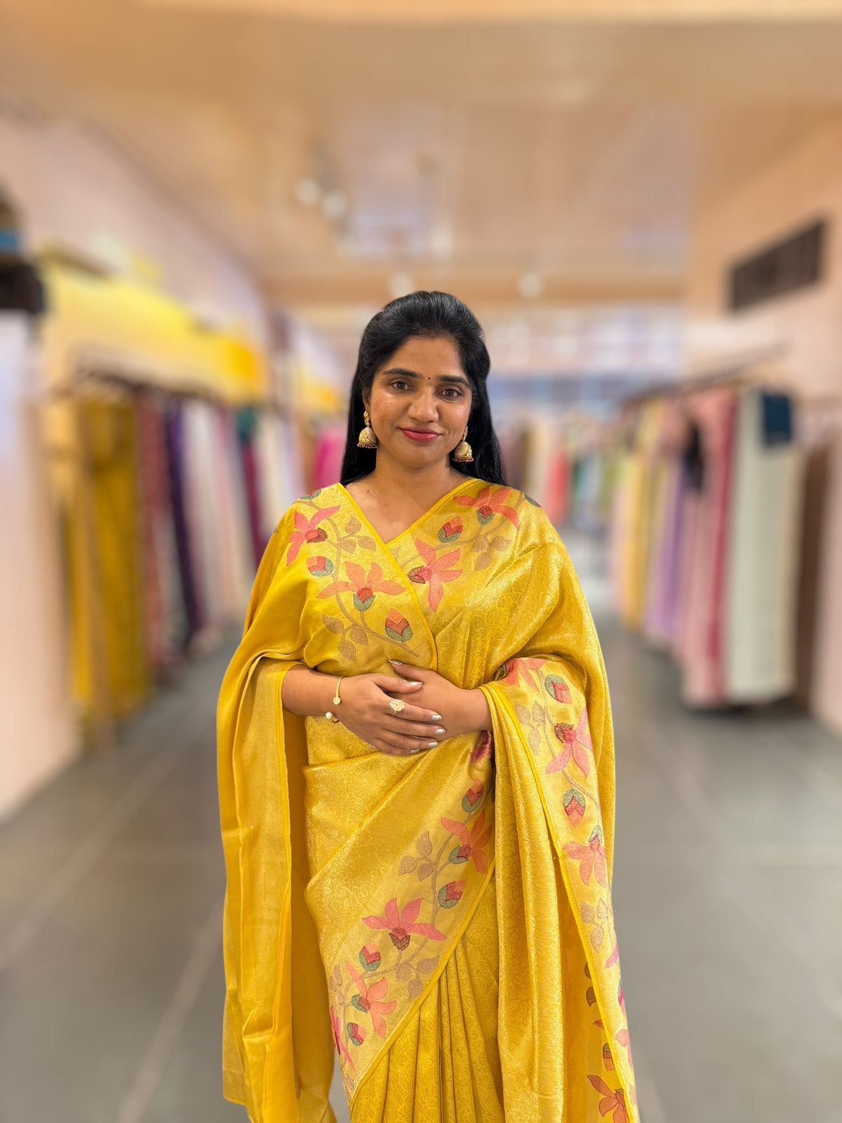 Yellow Banarasi Brocade tissue saree with tonchui style weaving & pythani inspired embroidered border