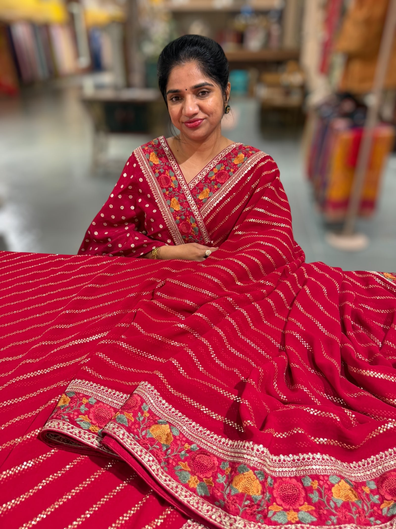 Red Georgette Saree with stick on badla with Sabyasachi borders and blouse