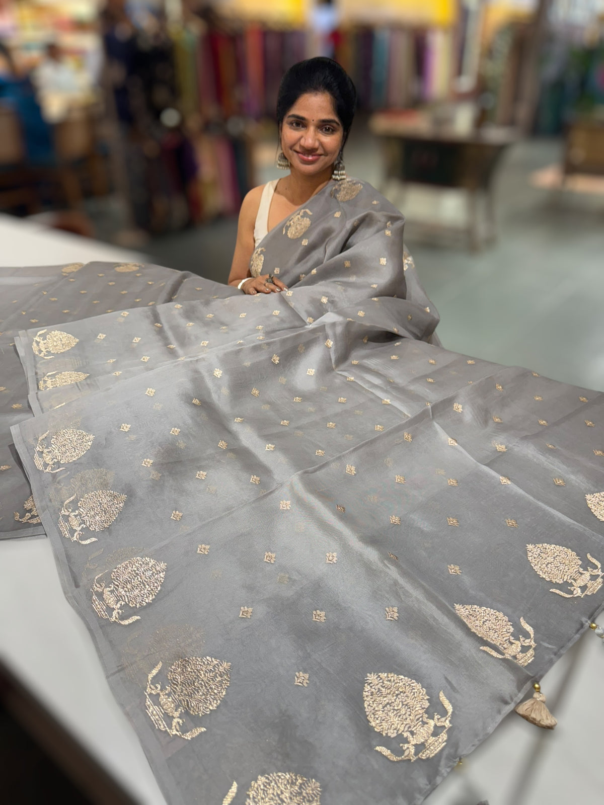 Grey Organza Saree With Embroidery & Tussar Printed Blouse