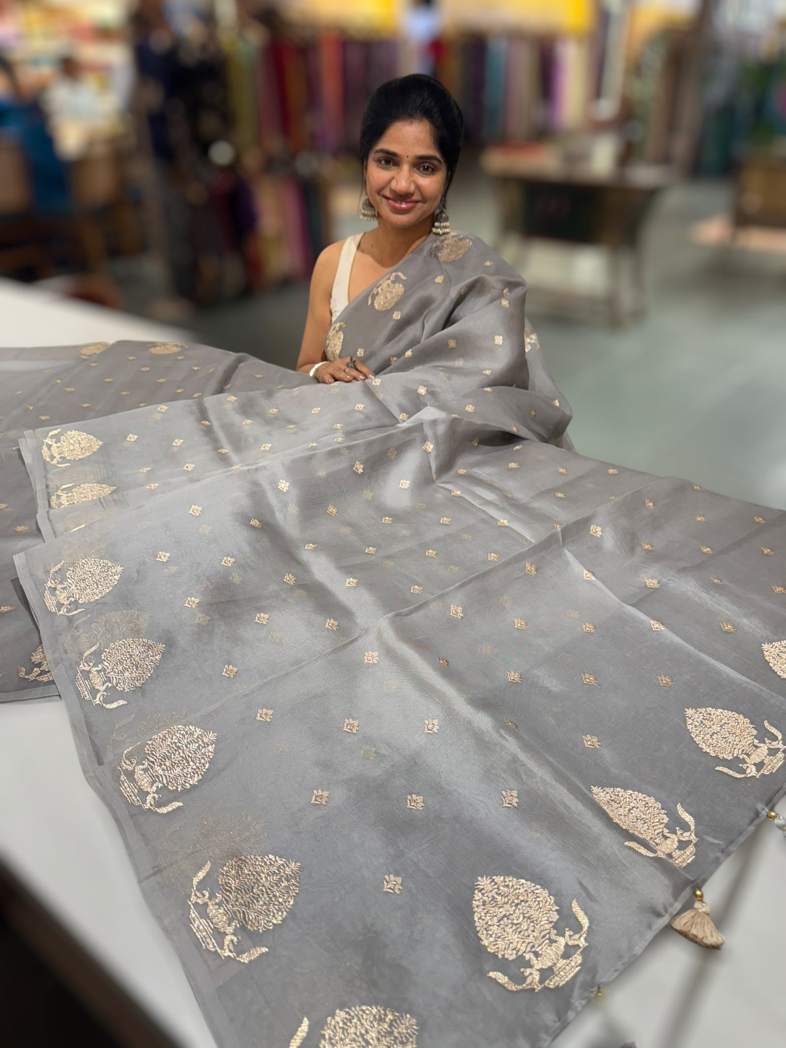 Grey Organza Saree With Embroidery & Tussar Printed Blouse