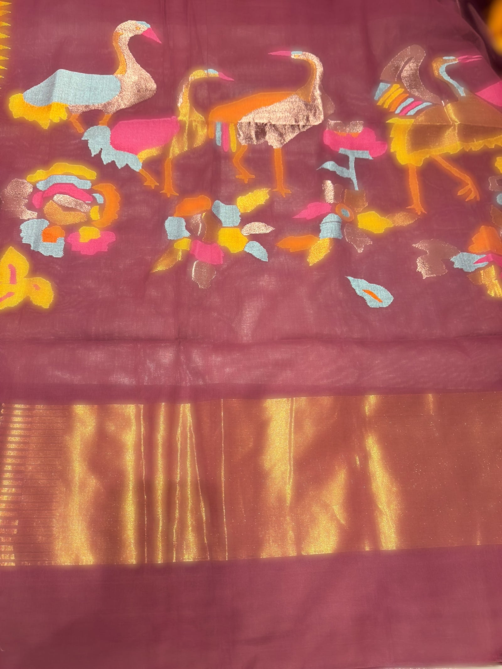 Winish Brown  Pure  handloom Ponduru Khadi jamdani Saree with swan pallu