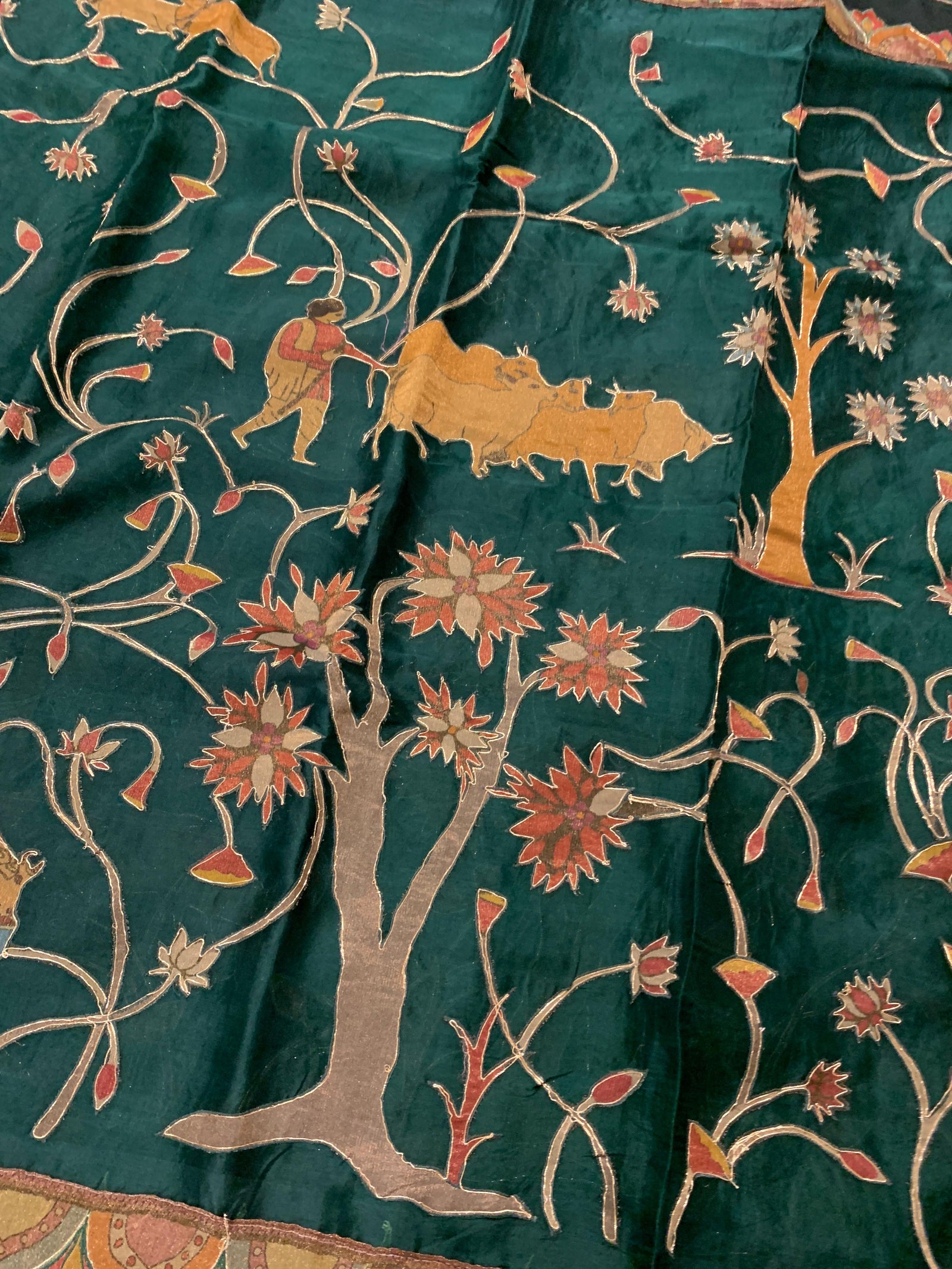 Bottle Green Designer Organza Saree with Stunning Tissue Applique work Saree with village theme