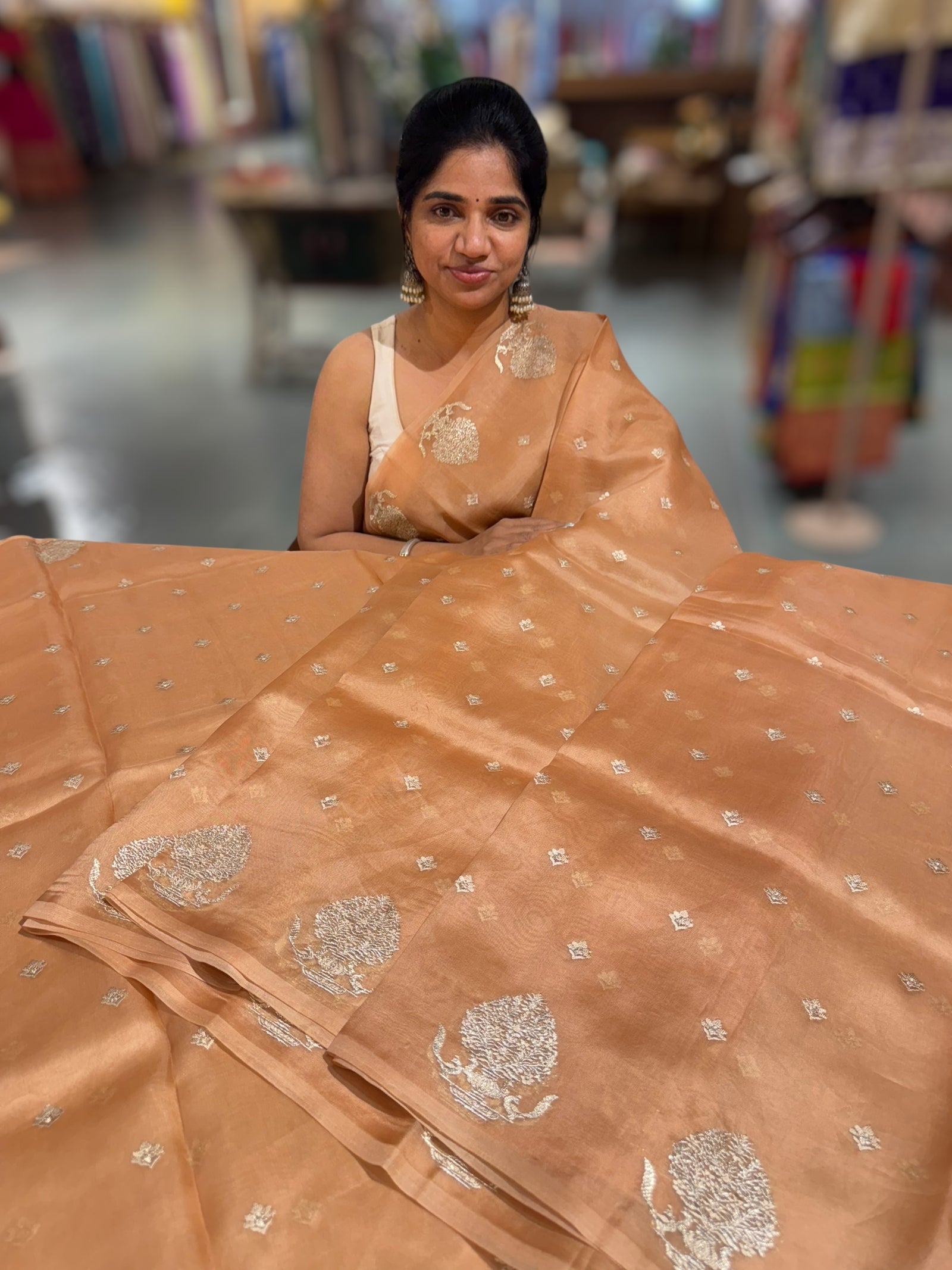 Peach Organza Saree With Embroidered Motifs & Tussar Printed Blouse