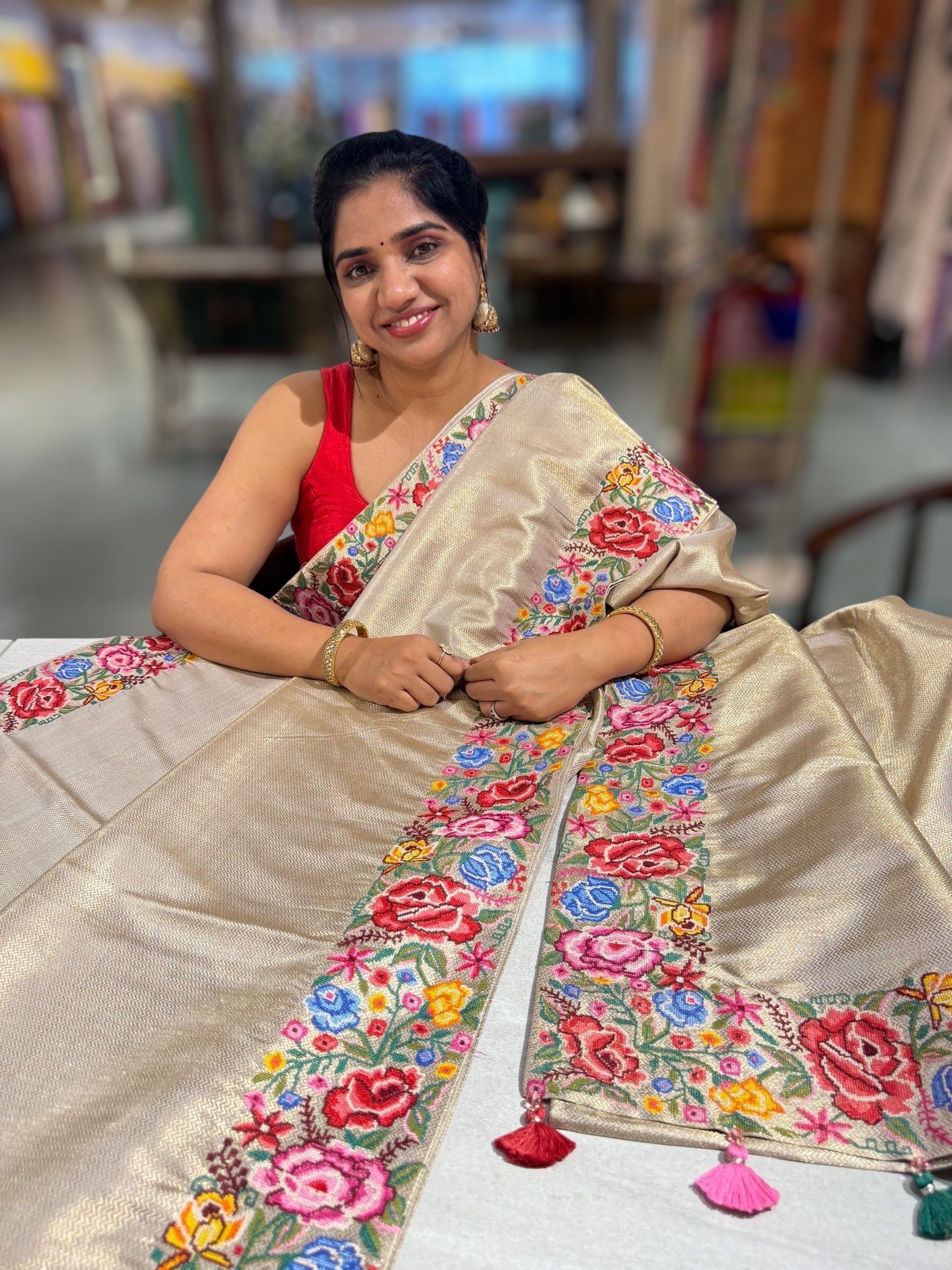 Beigish Taupe Green Kanchi Brocade Tissue Saree with Petite Point Embroidered Border