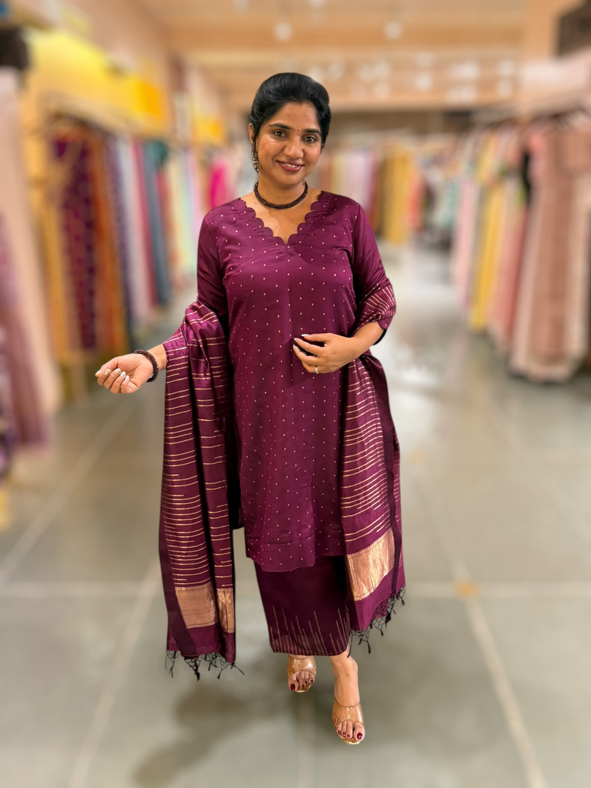 Wine Banarasi Handloom Chiniya Silk 3-pc Suit Set