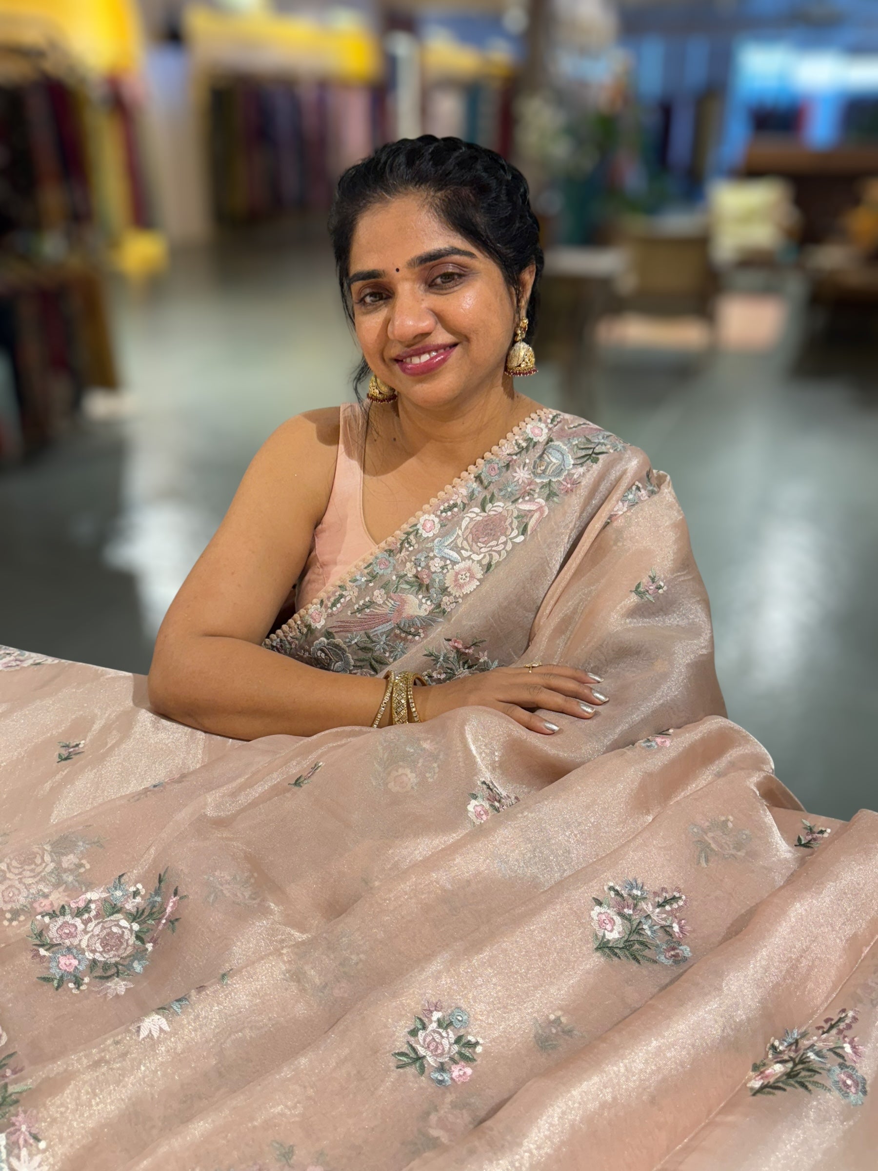 Pastel Pink Pure Tissue Saree With Parsi Gara Embroidery