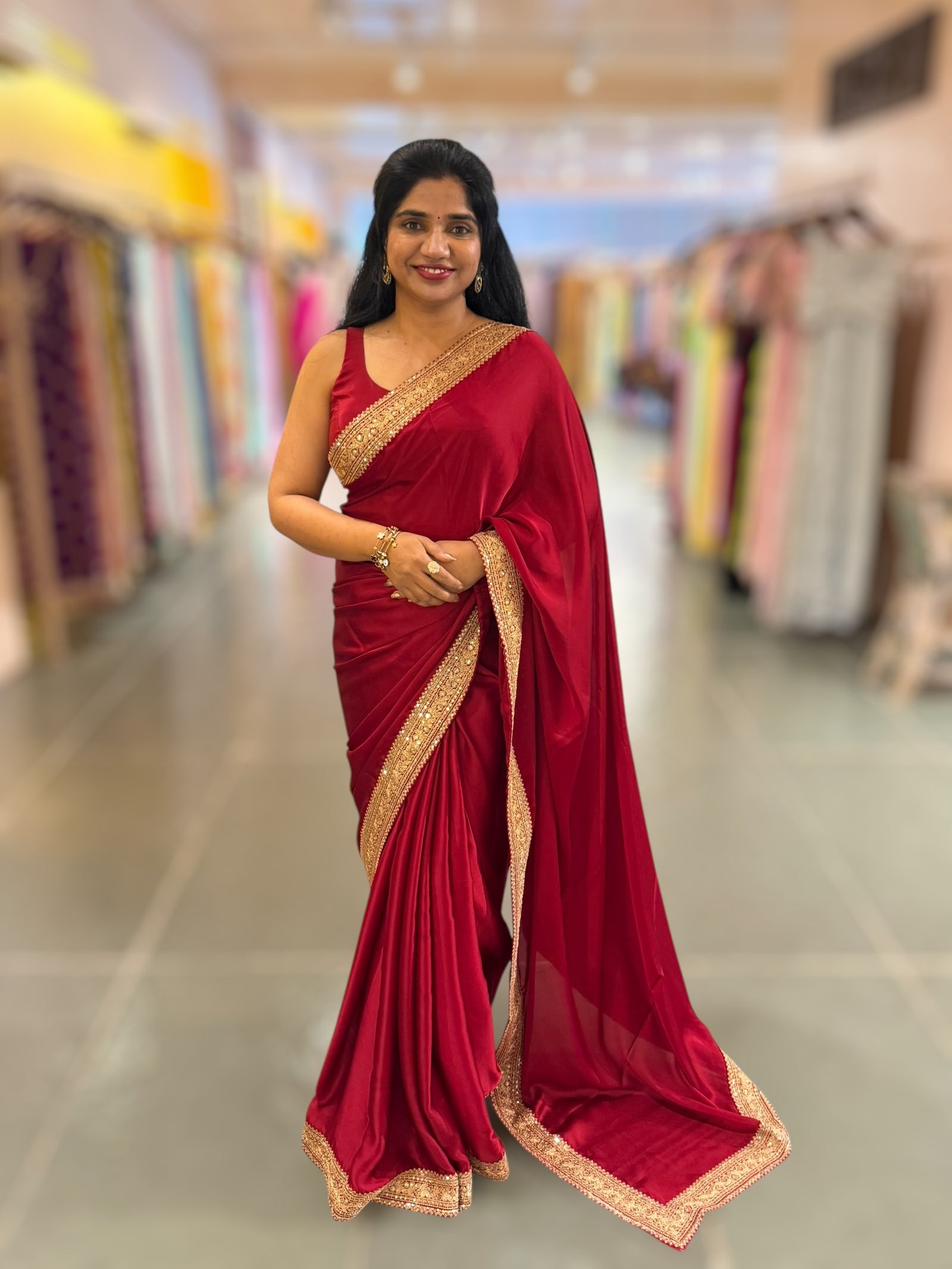 Maroon Red Pure Satin Saree with Sabhyasachi Borders