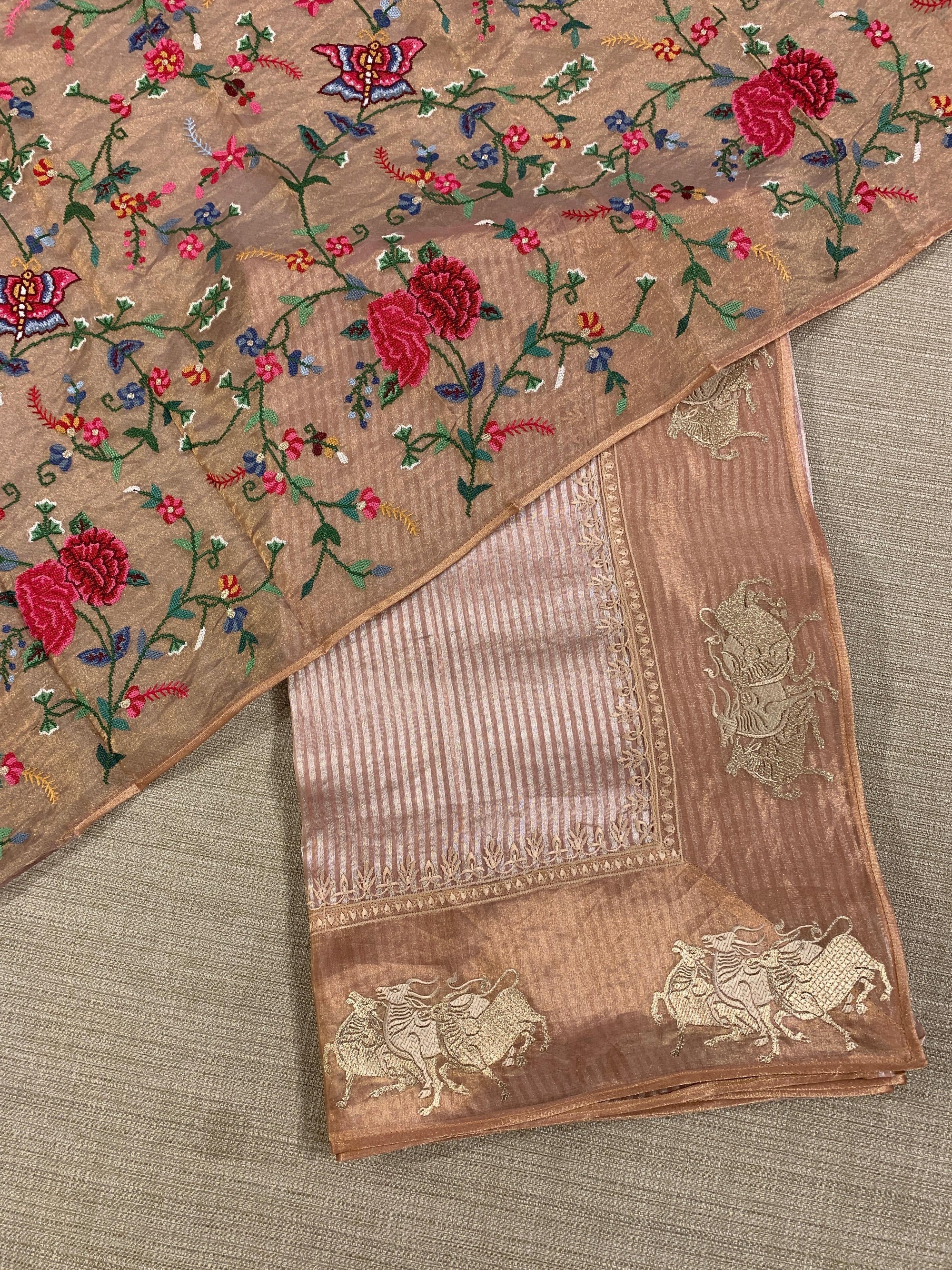 Peach Pink Kora tissue stripes Saree with Nandi embroidered tissue border