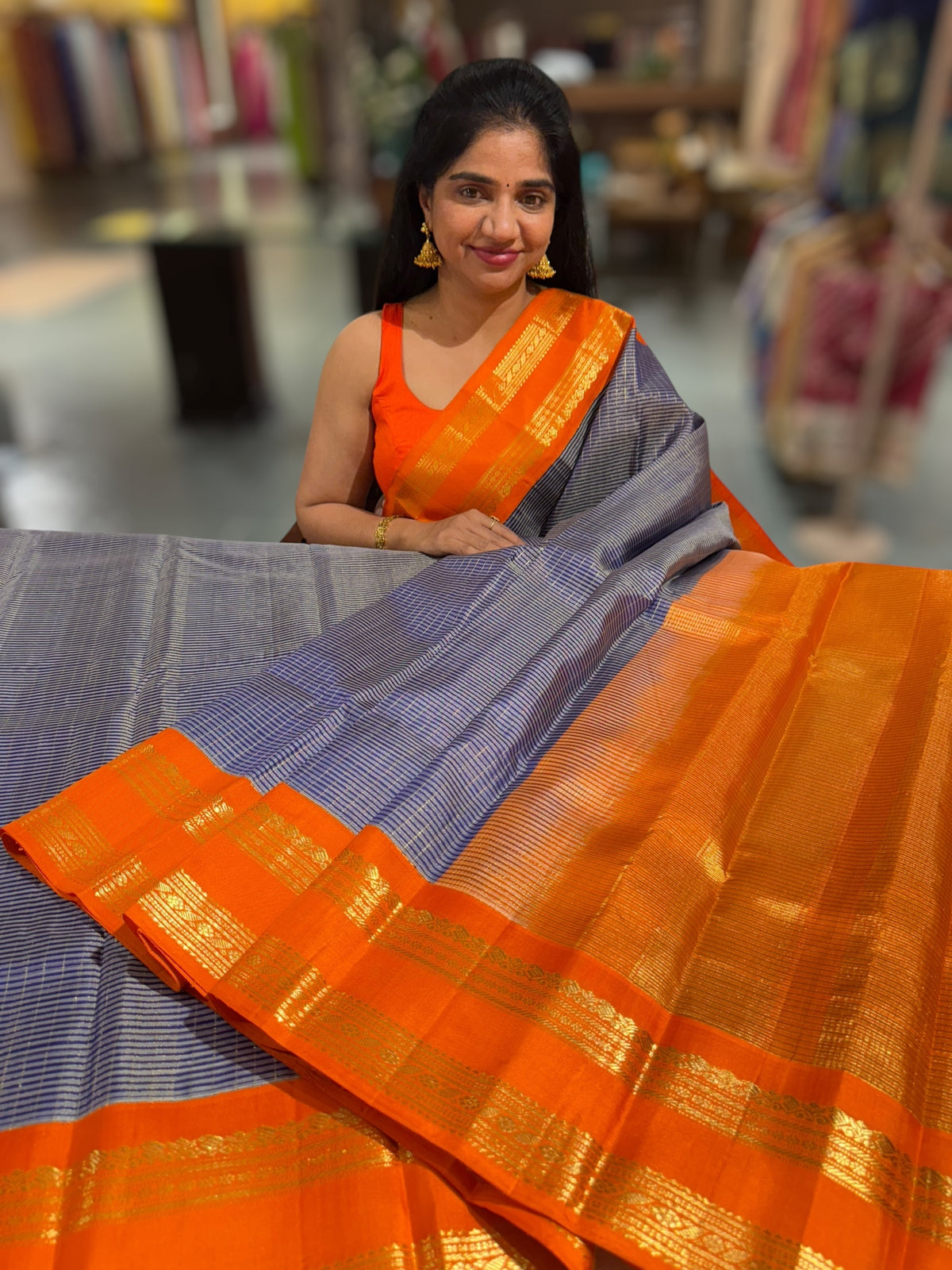 Blue & Orange Combo Vintage Checks Gap Border Kanjeevaram Saree