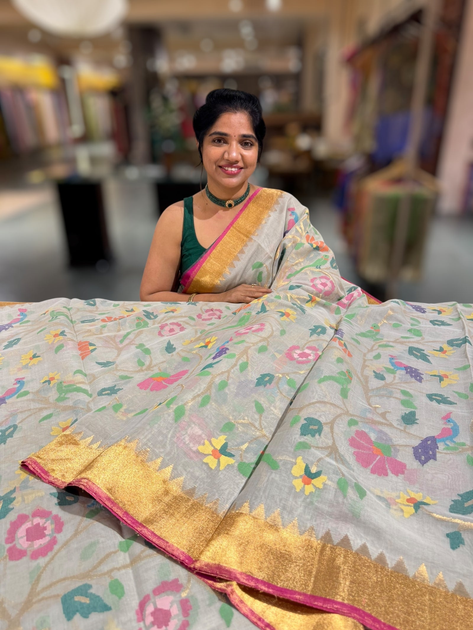 Ponduru Khadi Jamdani Allover multi Meenakari Weaving Saree With Premium 60/60 Count