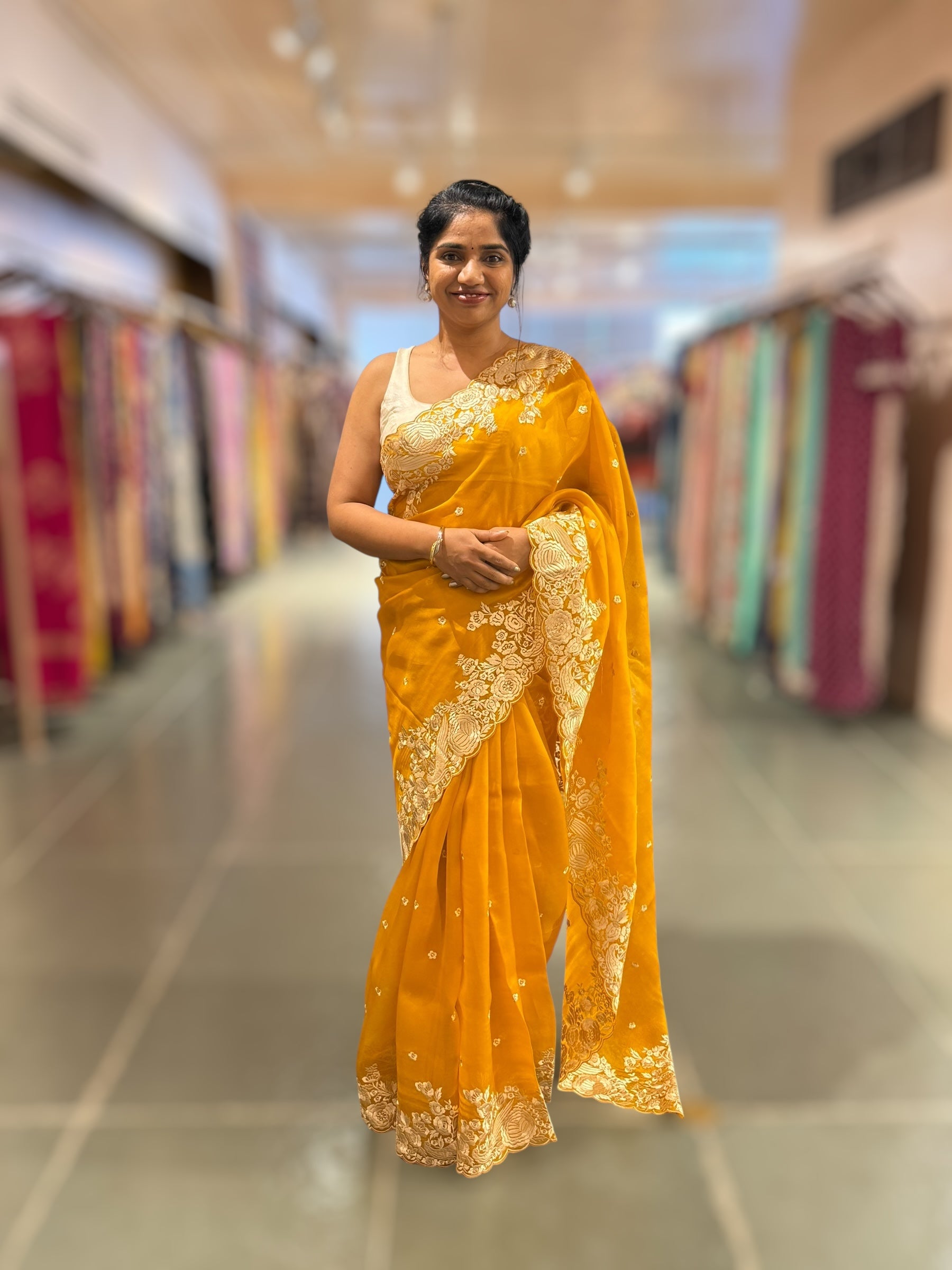 Mustard Organza Saree with Parsi Gara Embroidered Border